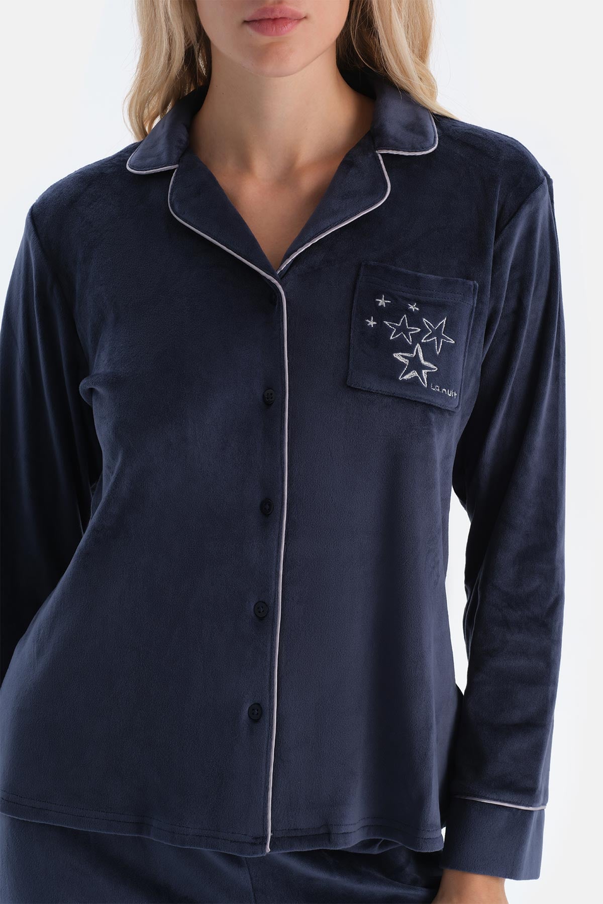 Navy EMBROIDERY DETAILED VELVET SHIRT TROUSERS PAJAMA SET