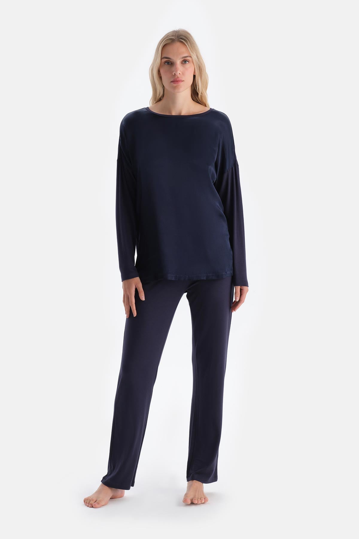 Navy SATIN GARNISHED LONG SLEEVE T-SHIRT TROUSERS PAJAMA SET