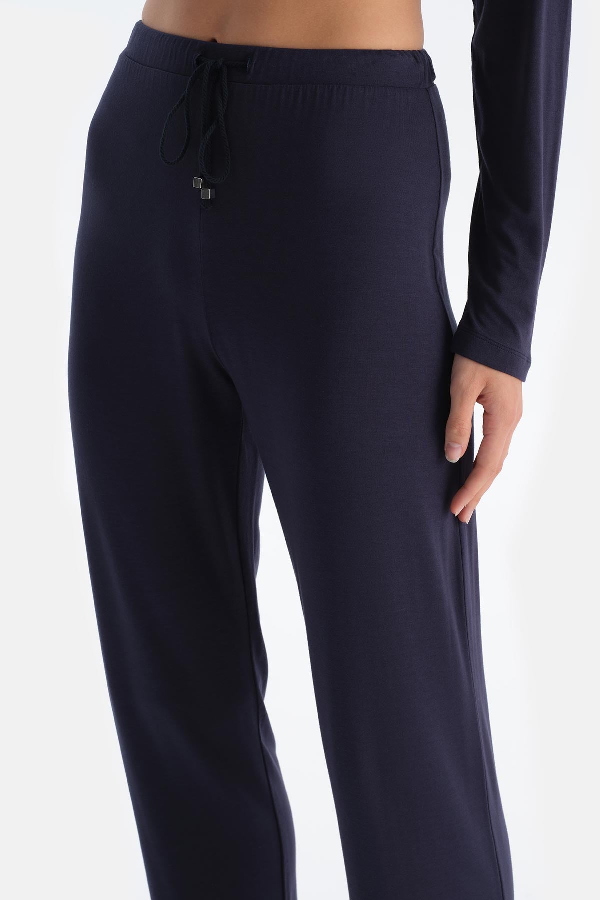 Navy SATIN GARNISHED LONG SLEEVE T-SHIRT TROUSERS PAJAMA SET