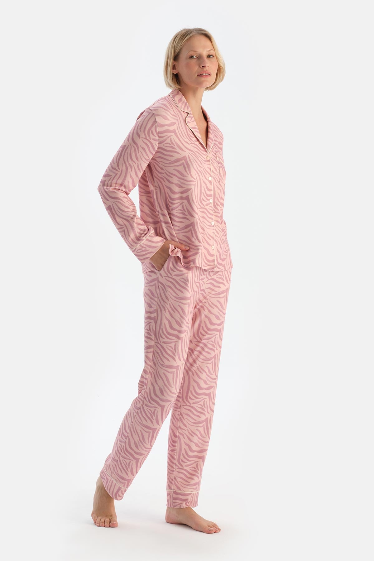 Light Pink ZEBRA PATTERNED SHIRT AND TROUSERS PAJAMA SET