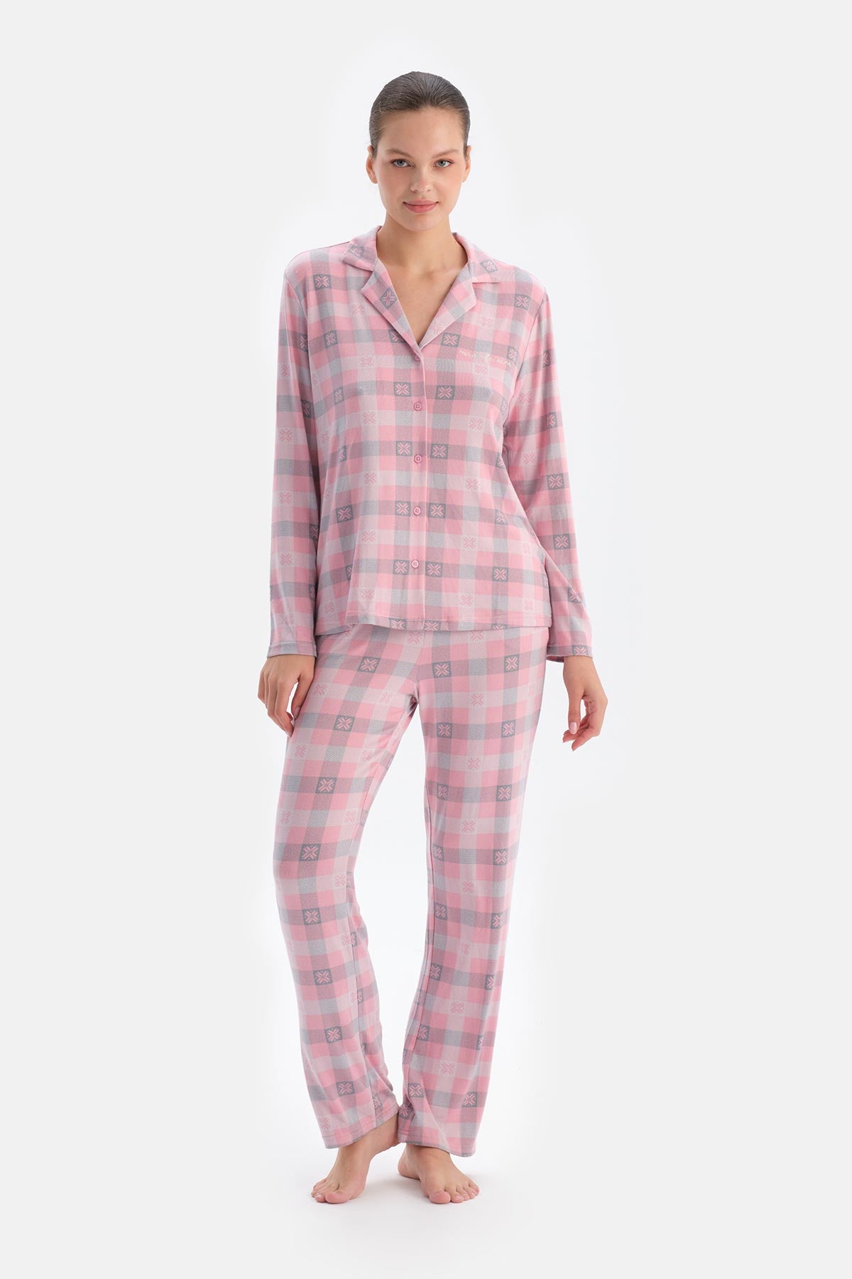 Soft Pink PLAID THERMAL SHIRT TROUSERS PAJAMA SET
