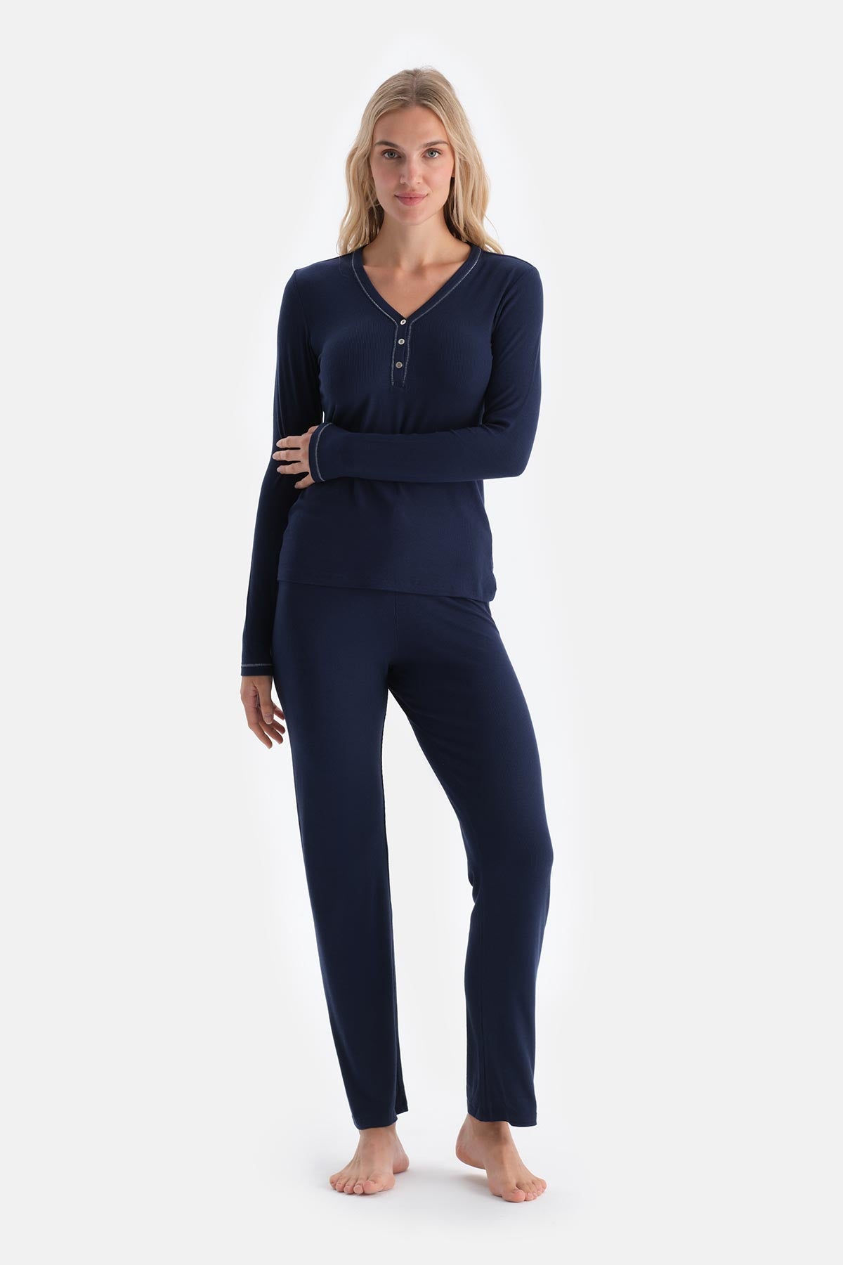Navy V-NECK BUTTONED PAJAMA SET