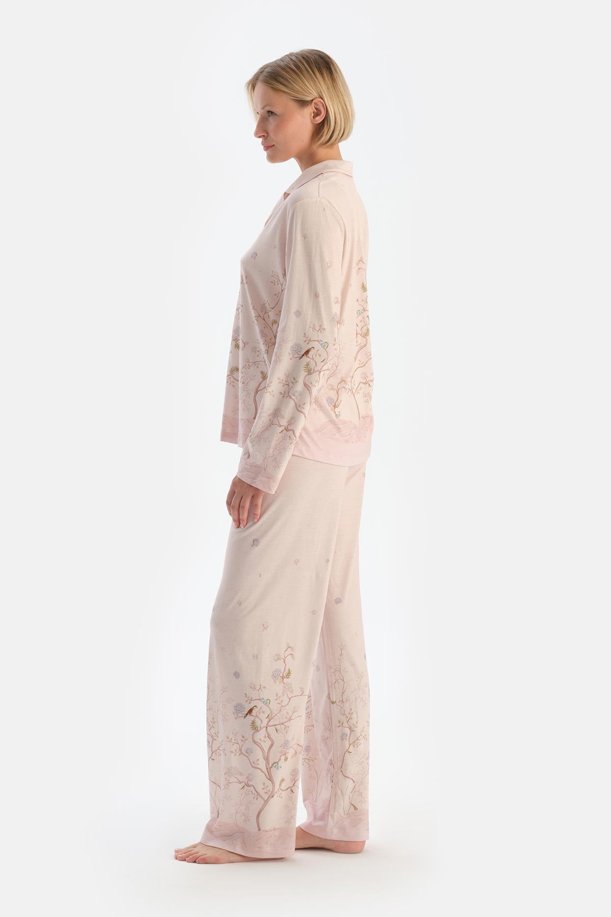 Açık Pembe Çiçek Desenli Penye Modal Pijama Takımı