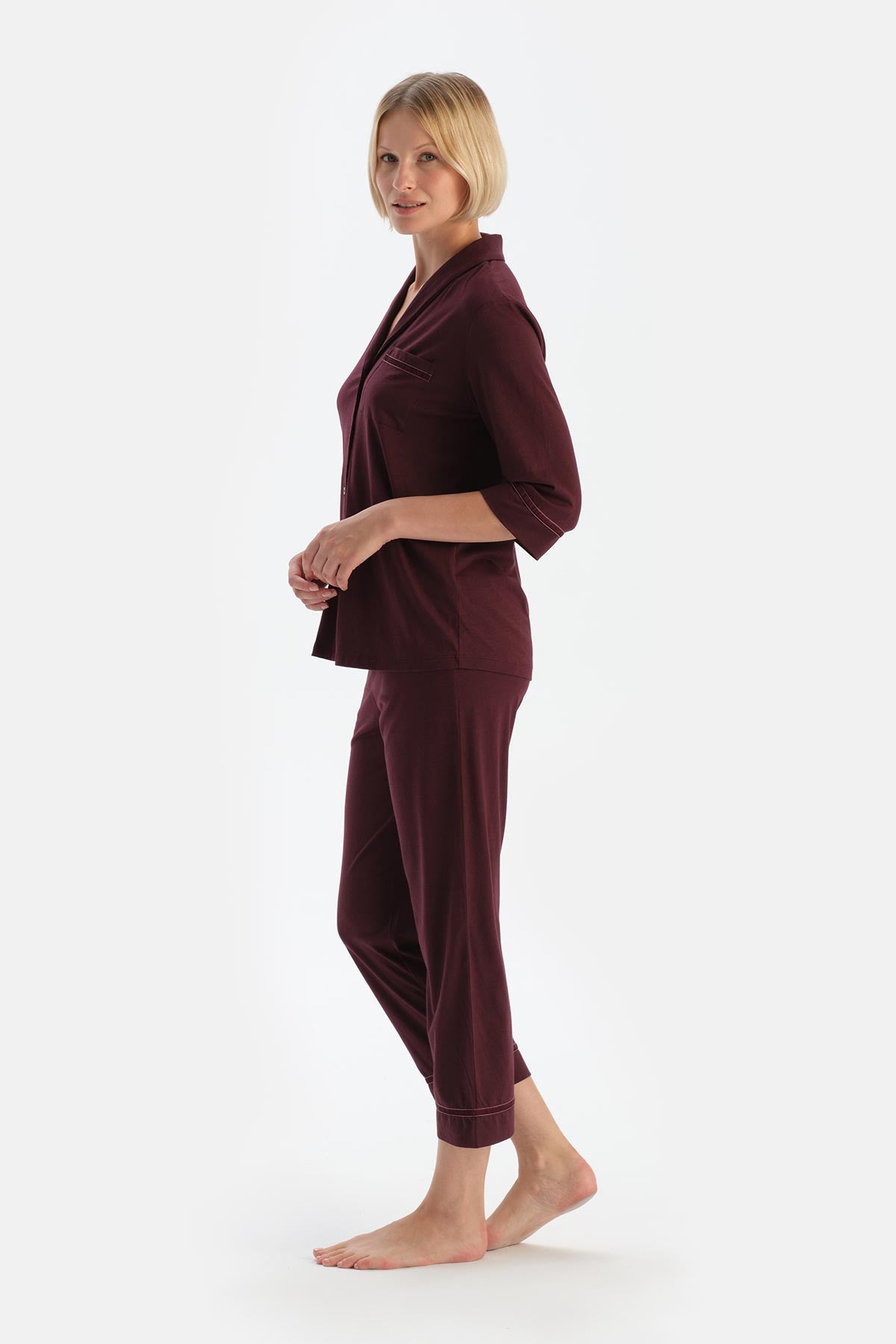 Bordo Biye Detaylı Cepli Penye Modal Pijama Takımı