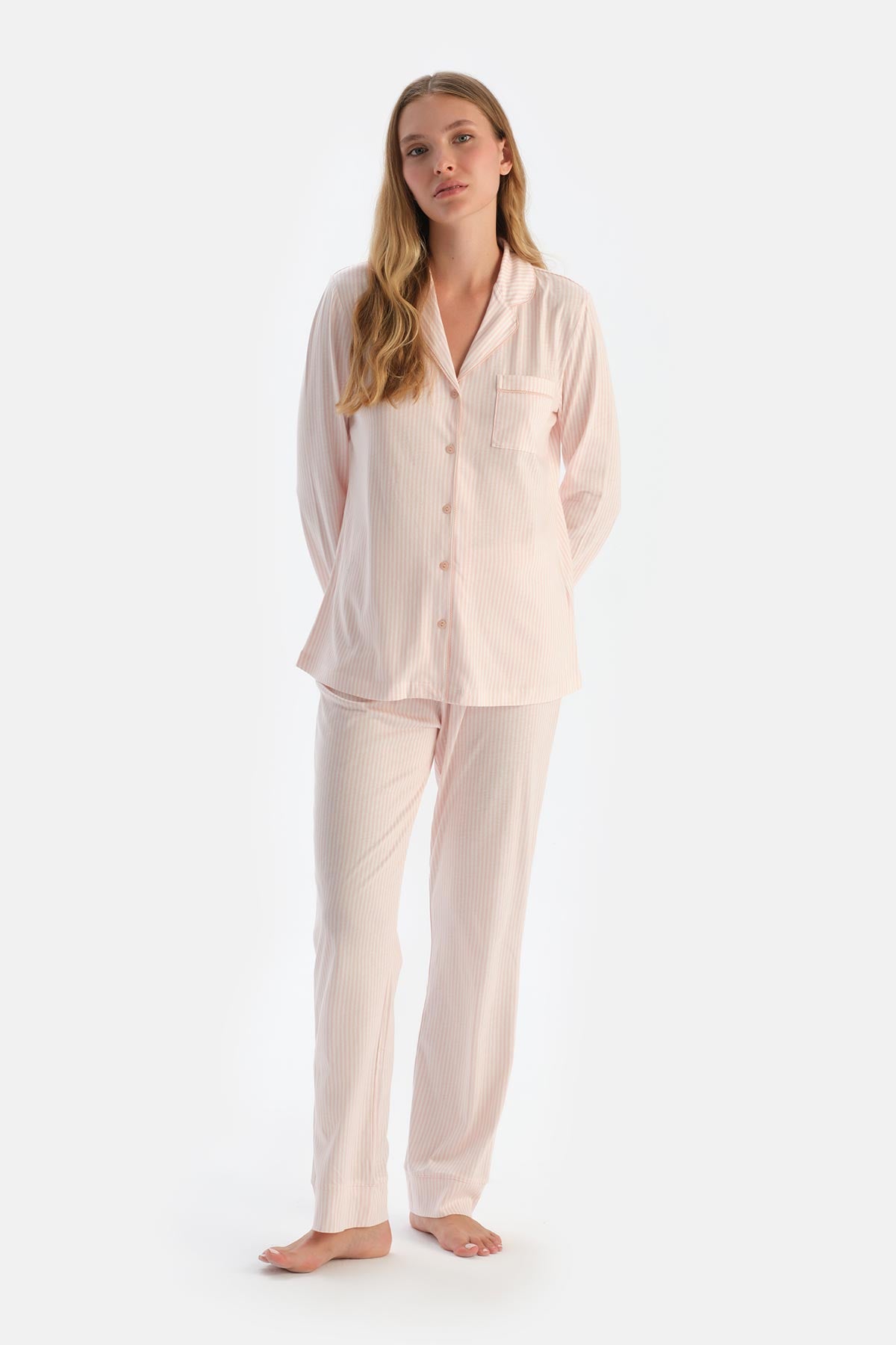 Light Pink STRIPED COMBED MODAL SHIRT TROUSERS PAJAMA SET