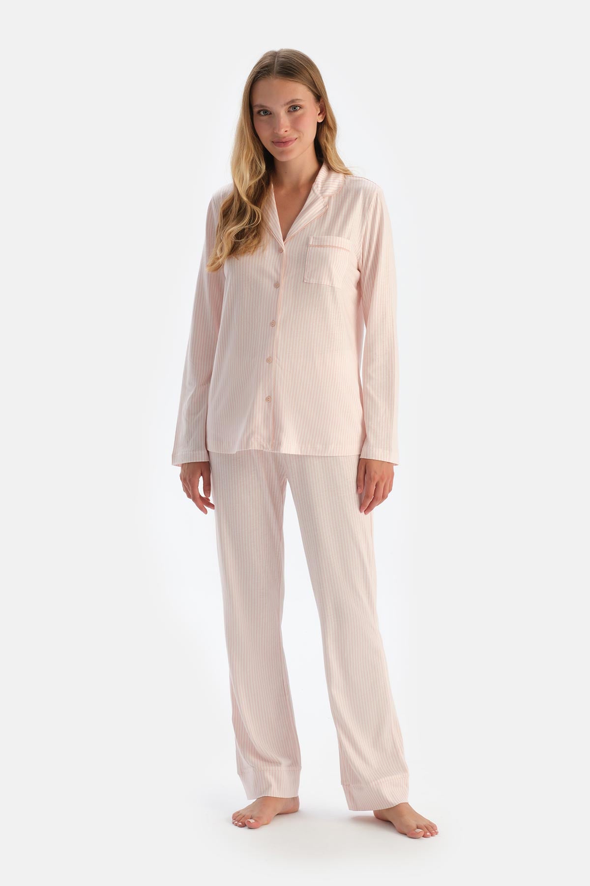 Light Pink STRIPED COMBED MODAL SHIRT TROUSERS PAJAMA SET