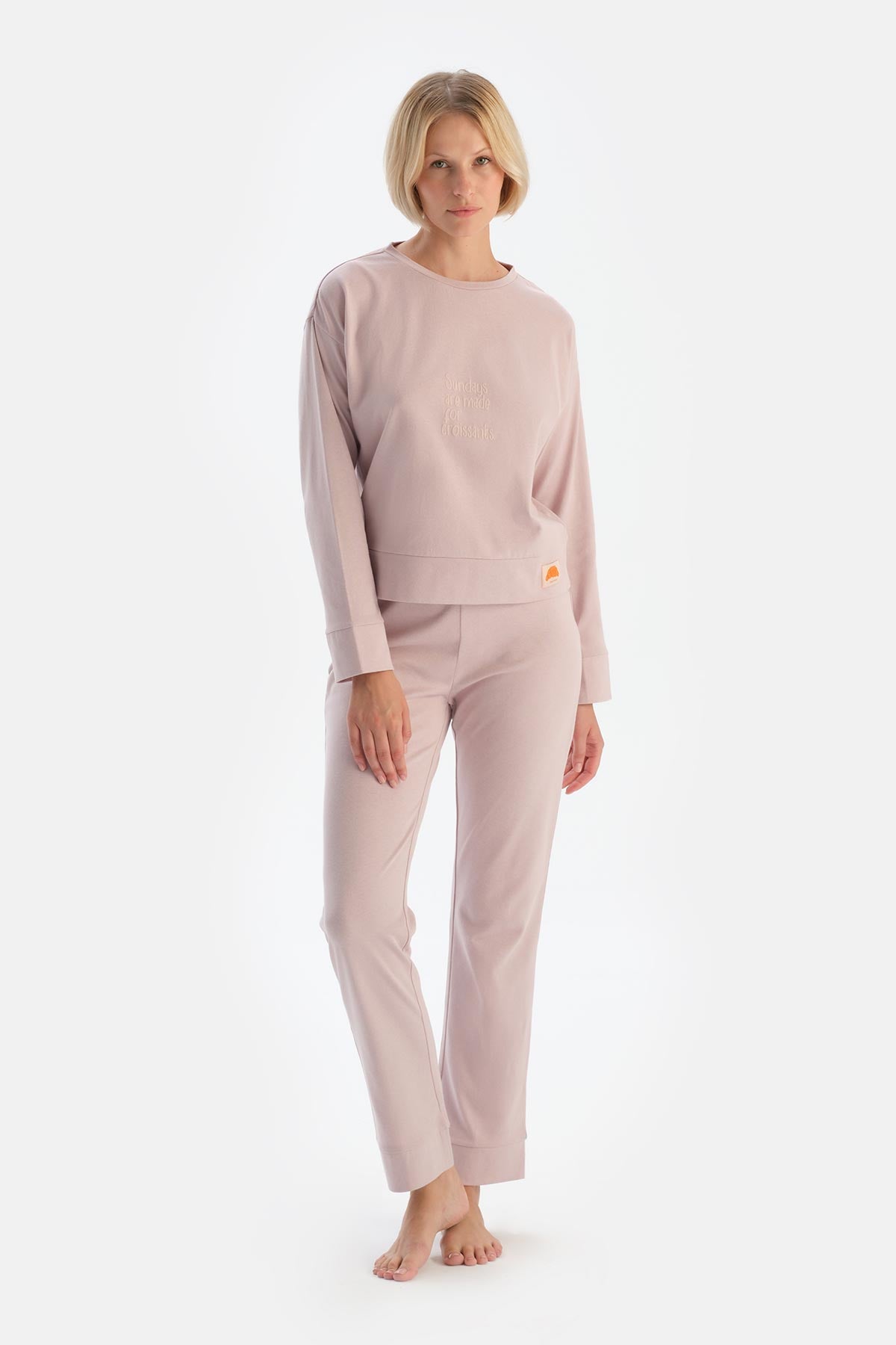 Lila Slogan Baskı Detaylı Uzun Kol Pamuklu Pijama Takımı