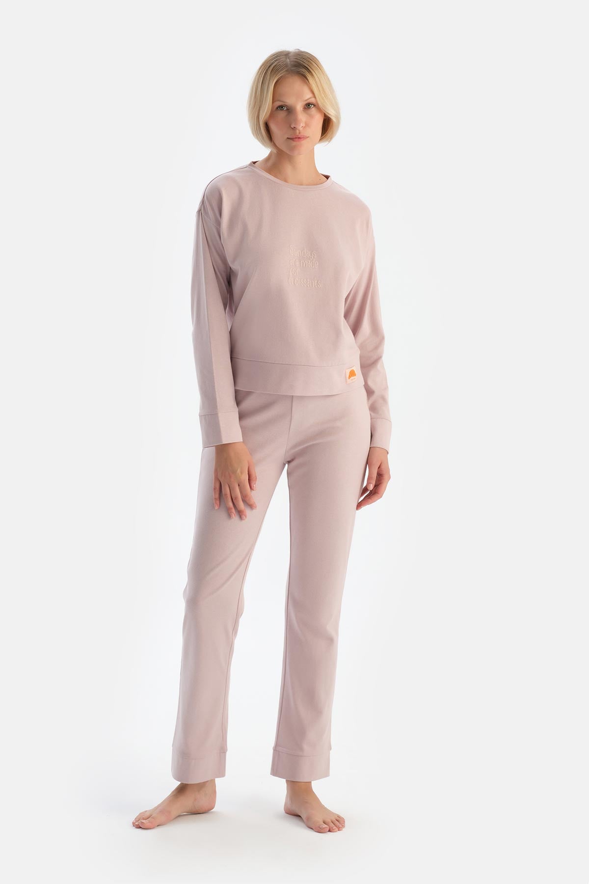 Lila Slogan Baskı Detaylı Uzun Kol Pamuklu Pijama Takımı