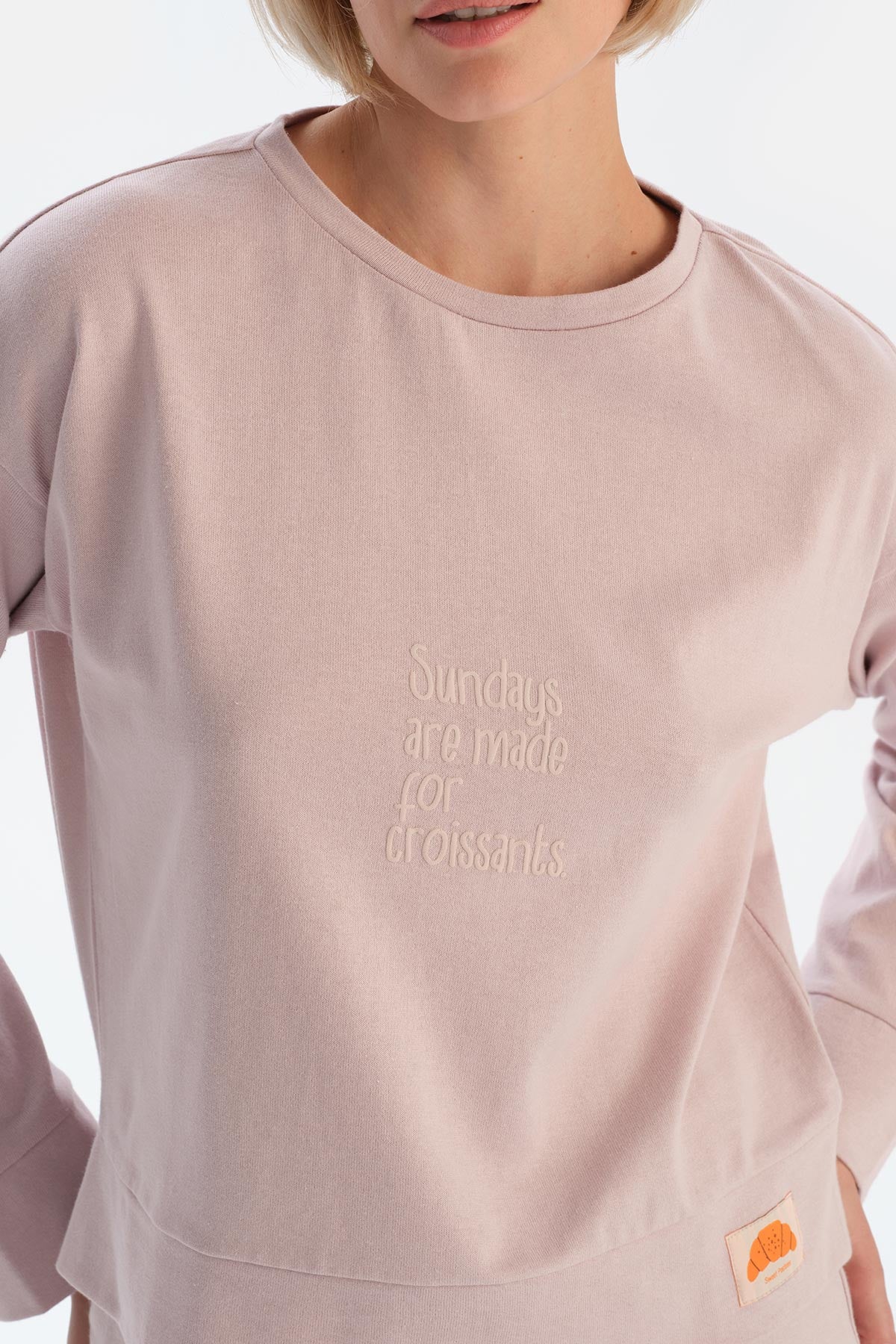 Lila Slogan Baskı Detaylı Uzun Kol Pamuklu Pijama Takımı