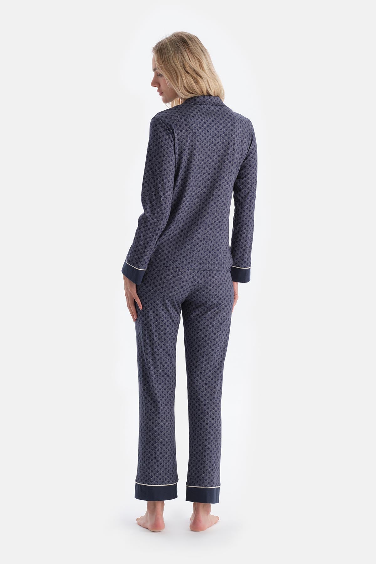 Lacivert Geometrik Desenli Penye Modal Gömlek Yaka Pijama Takımı