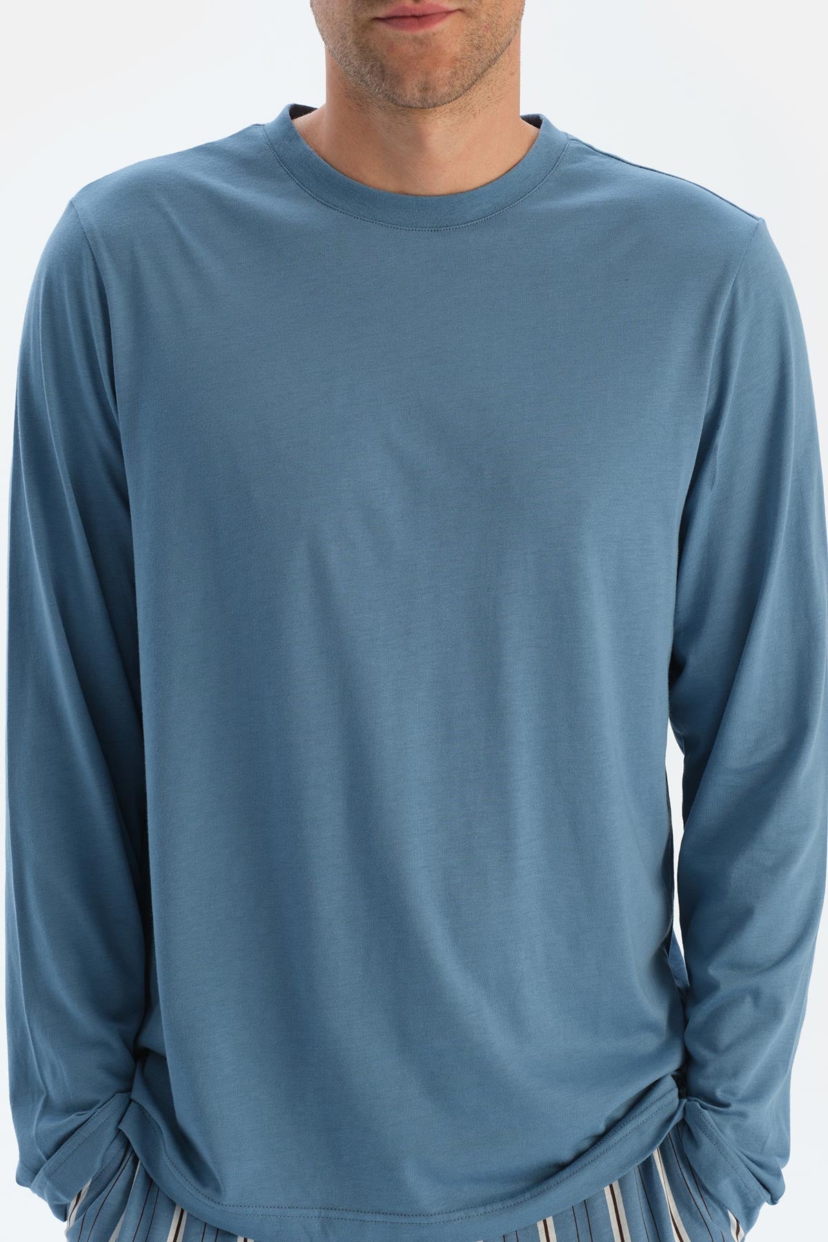 Mavi Bisiklet Yaka Uzun Kollu Tişört Pantolon Pijama Takımıı