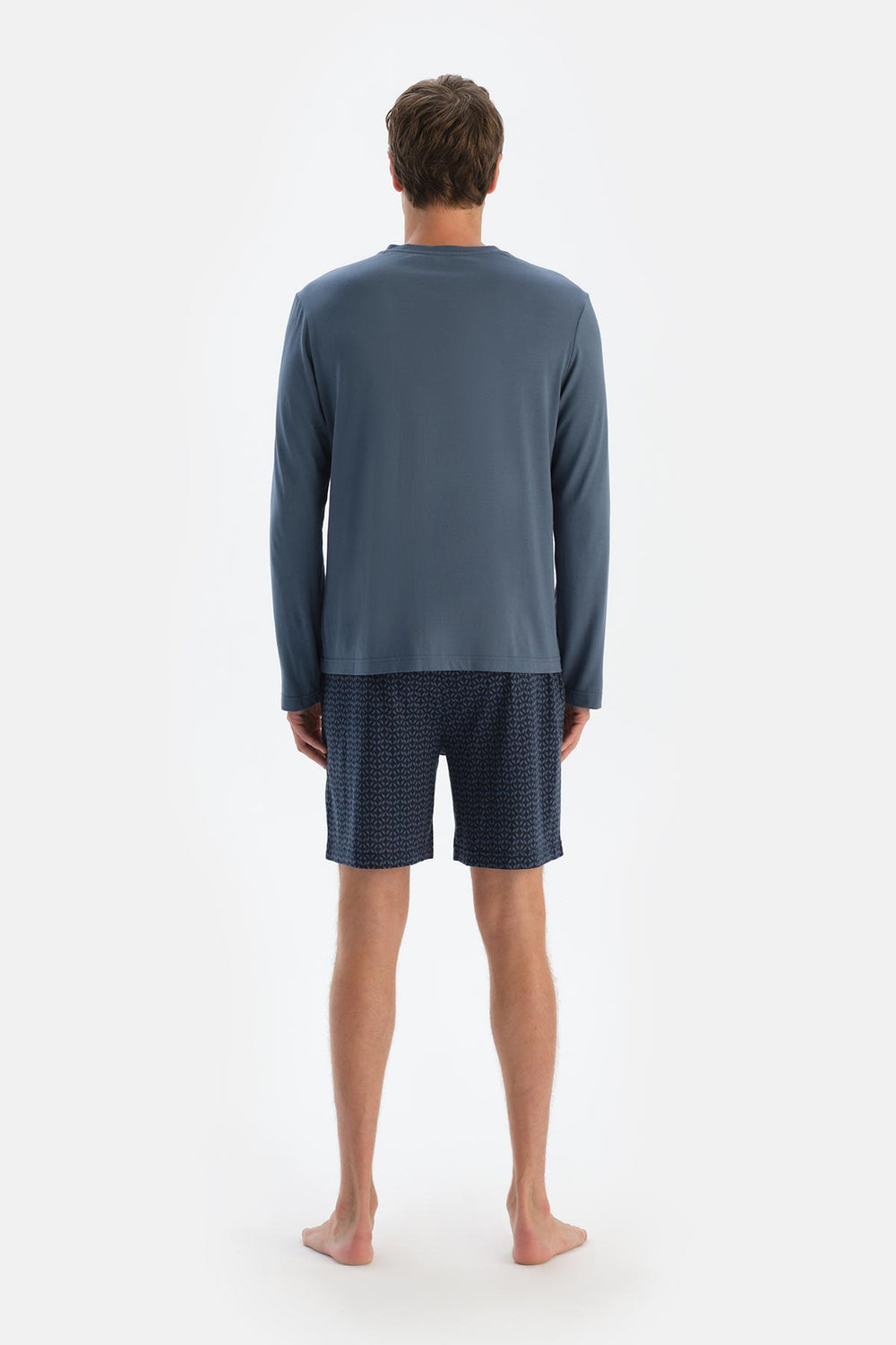 Koyu Mavi Yarım Patlı Uzun Kollu Üçlü Pijama Takımı