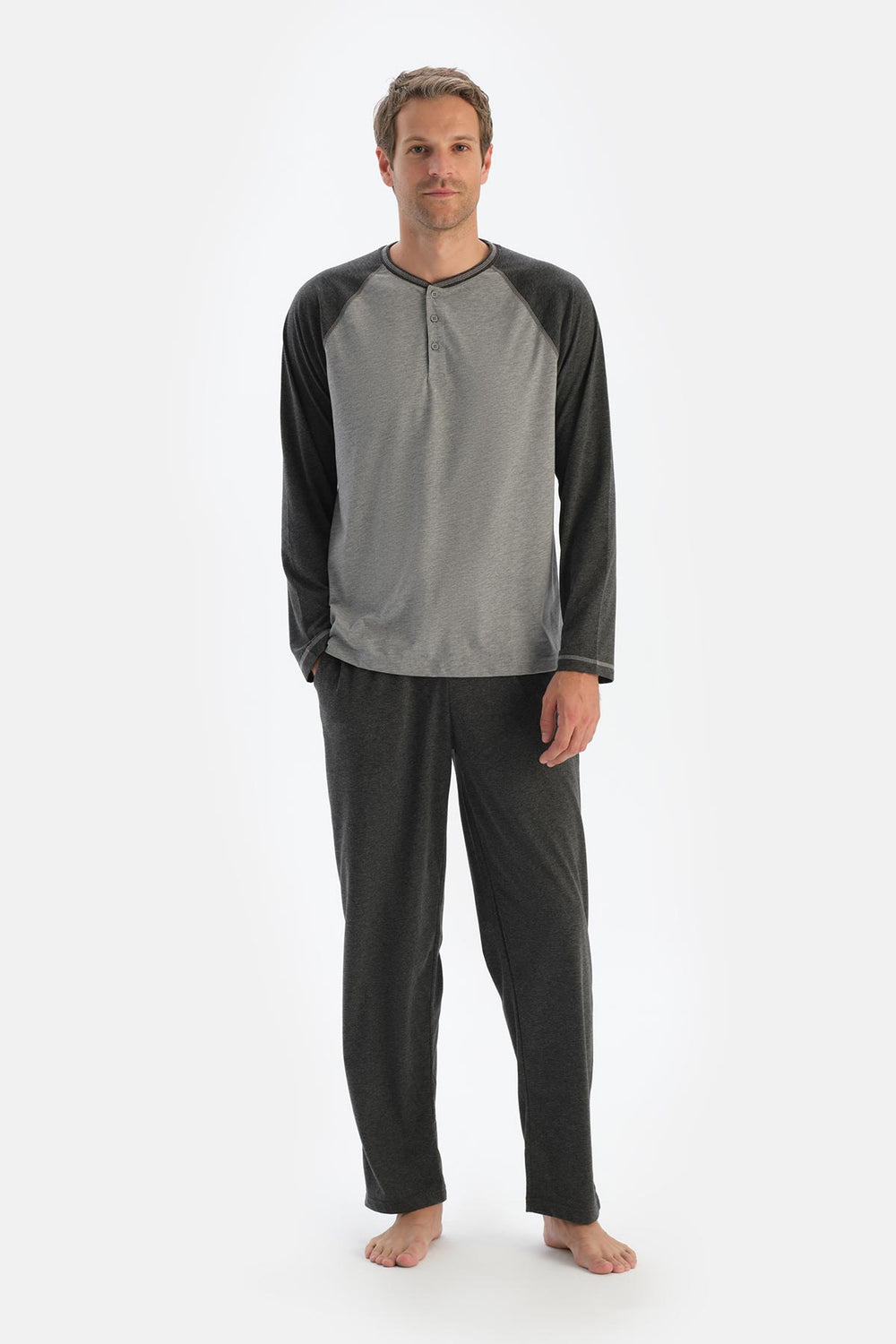 Grey Melange RAGLAN SLEEVE T-SHIRT TROUSERS PAJAMA SET