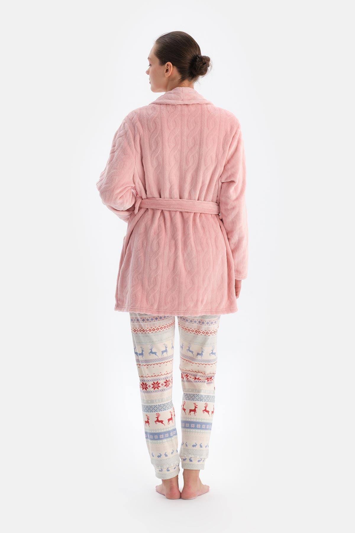 Soft Pembe Soft Örgü Görünümlü Puf Sabahlık