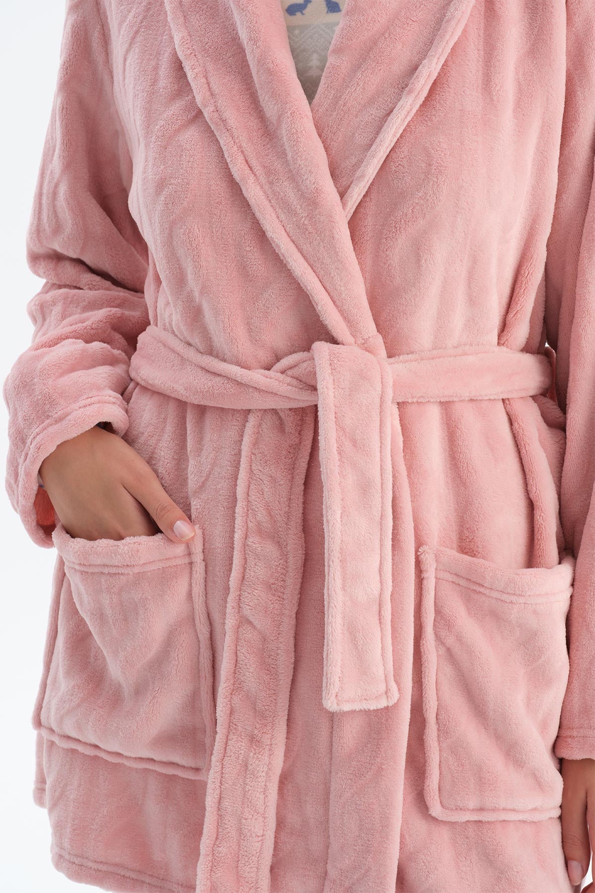 Soft Pembe Soft Örgü Görünümlü Puf Sabahlık