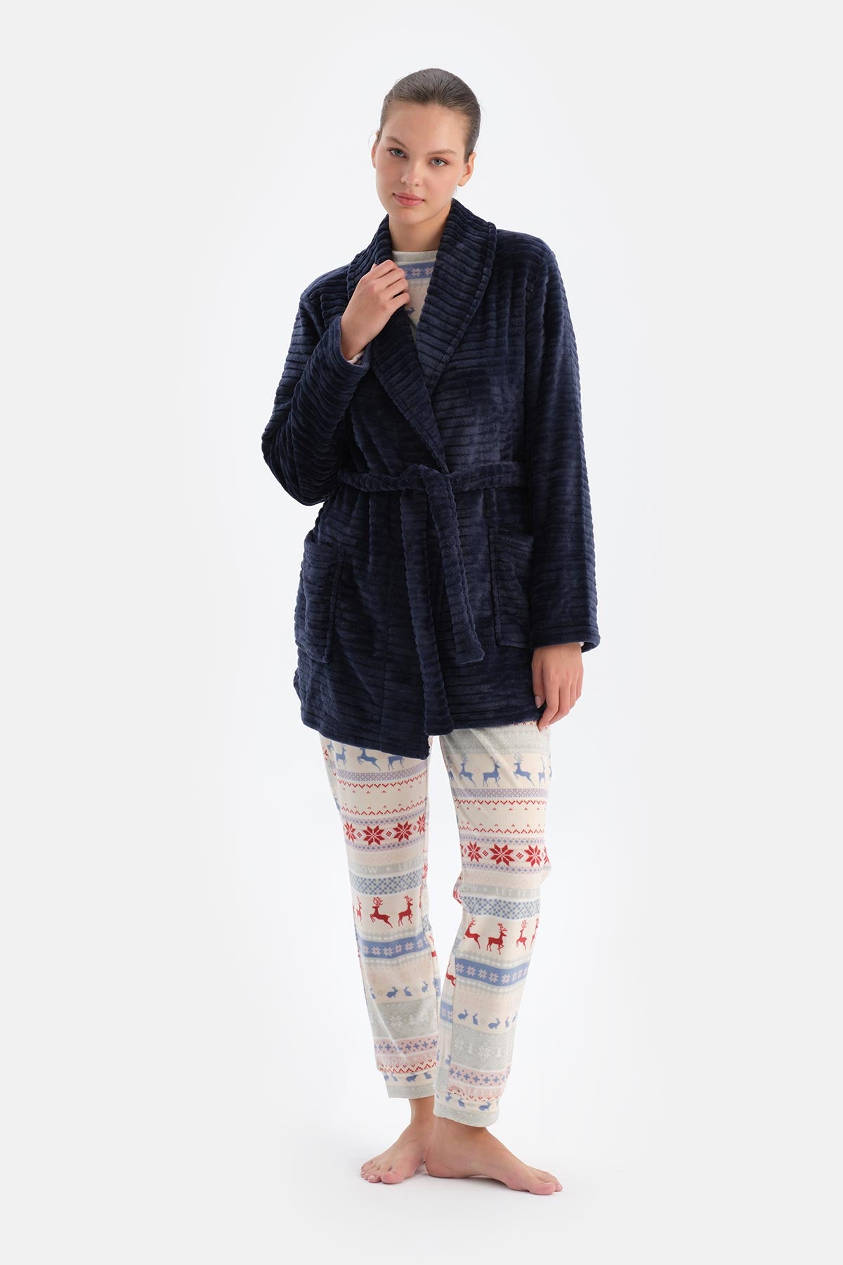 Lacivert Çizgi Görünümlü Puf Sabahlık