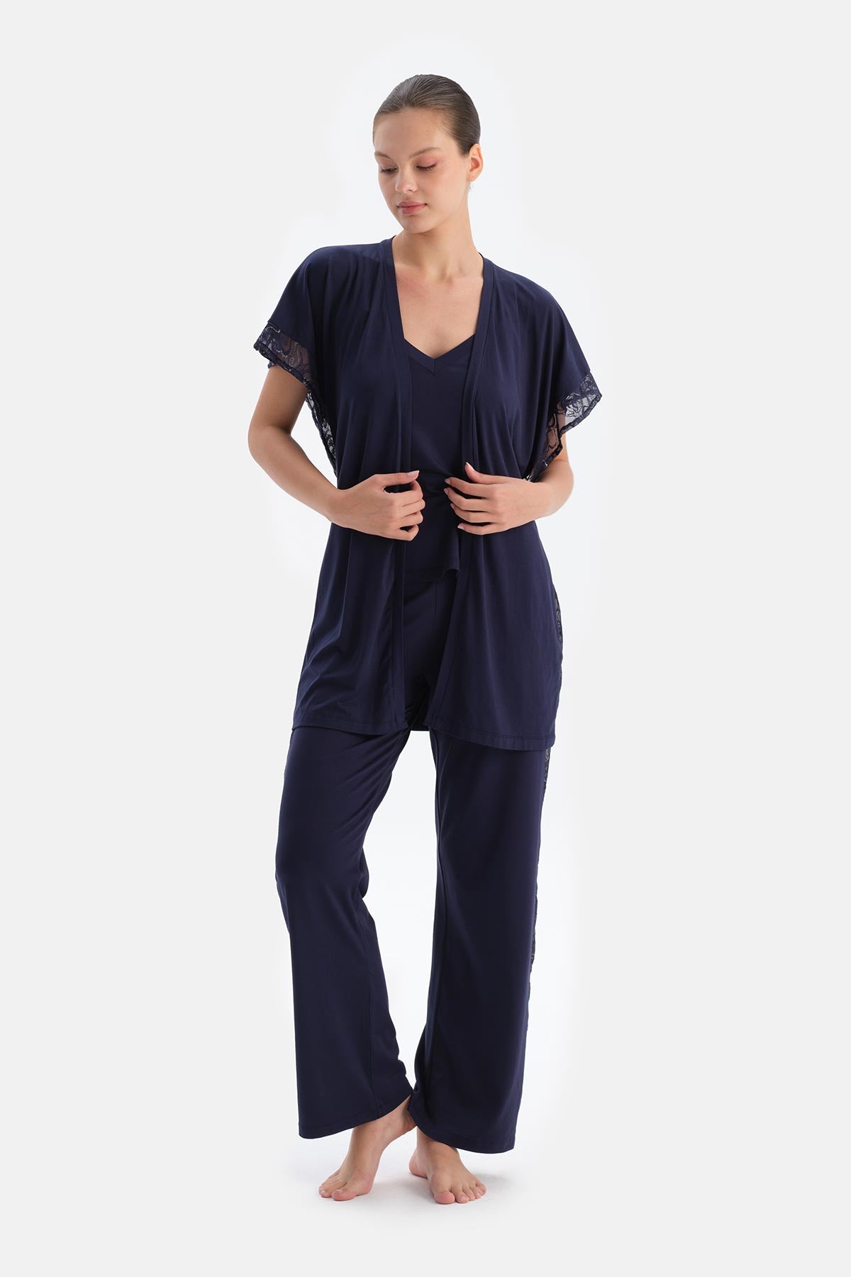 Navy Viscose Robe with Lace Cuff Detail