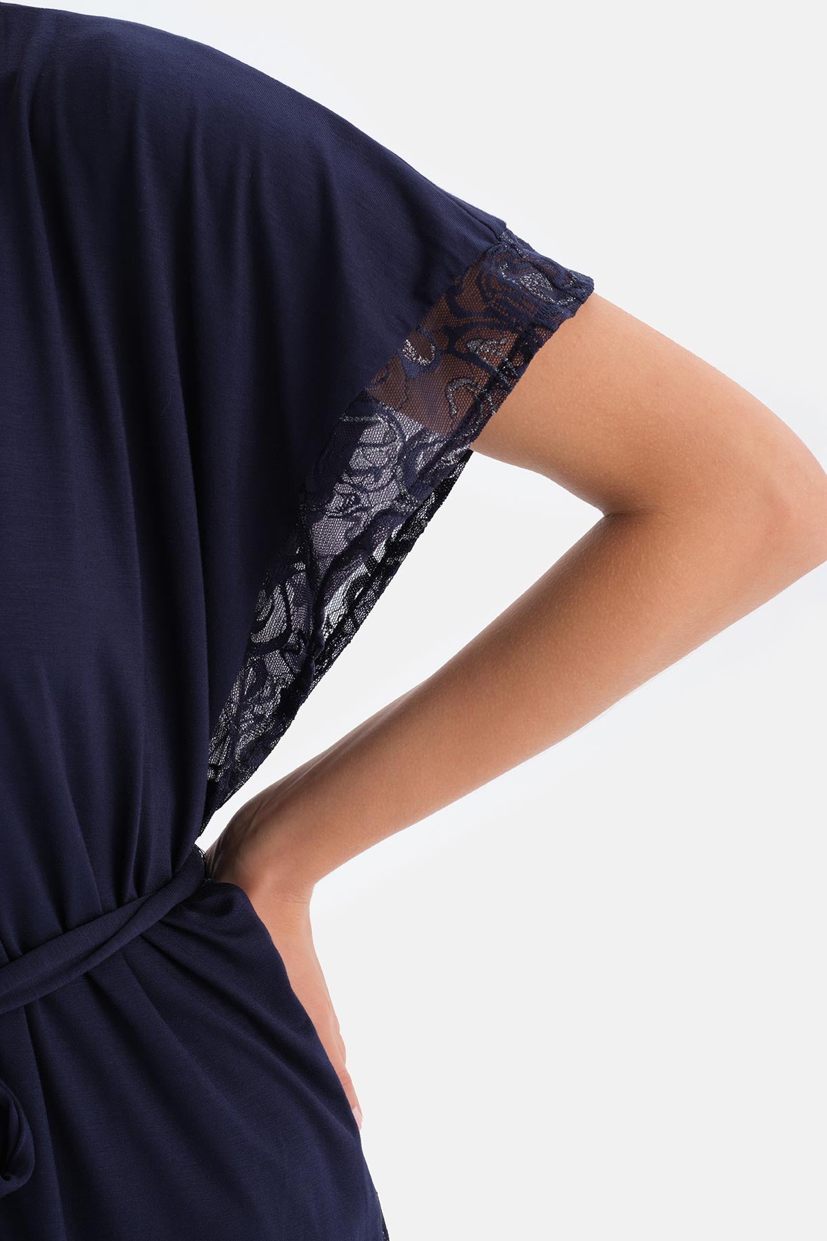 Navy Viscose Robe with Lace Cuff Detail