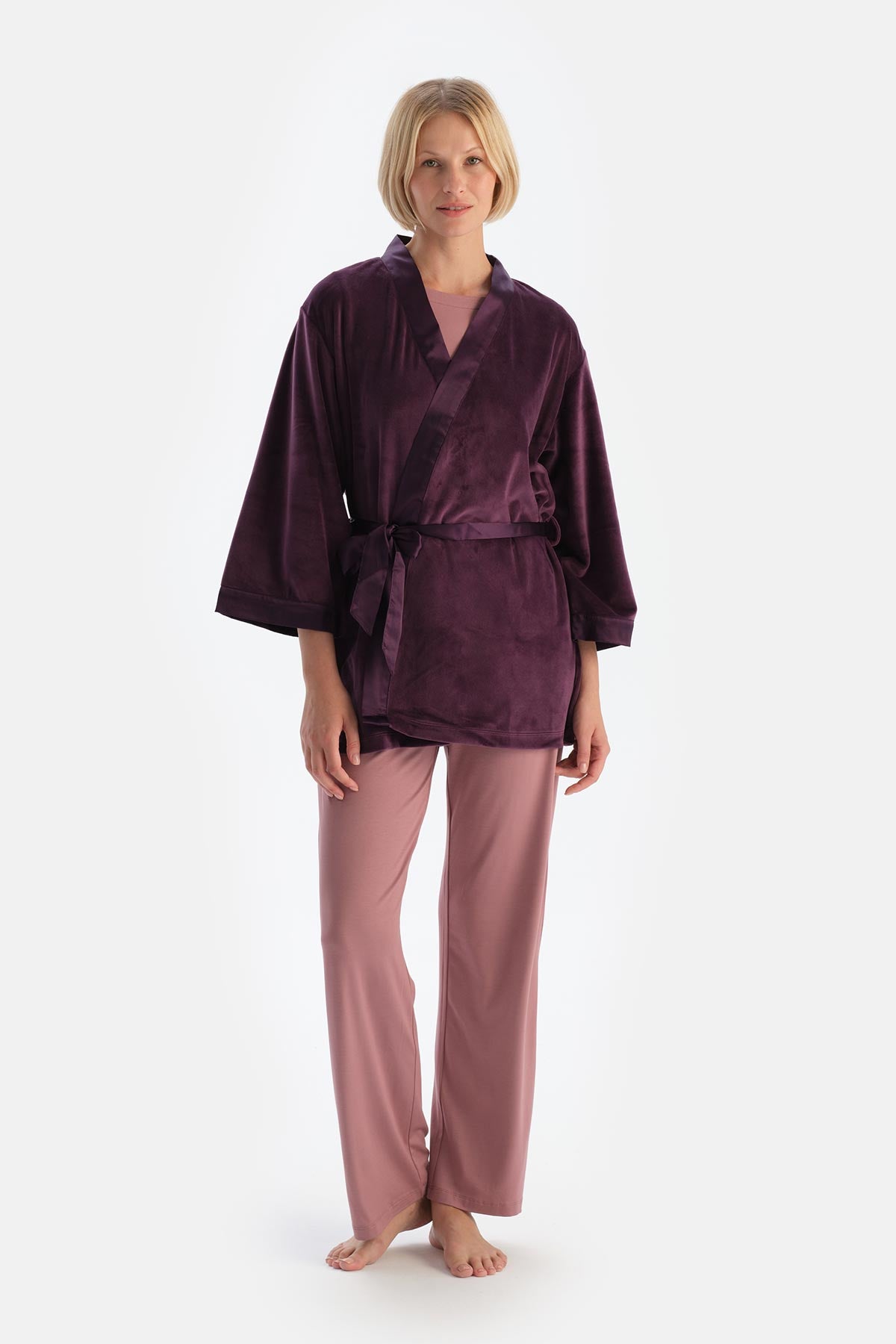 Damson VELVET DRESSING GOWN WITH SATIN GARNISH