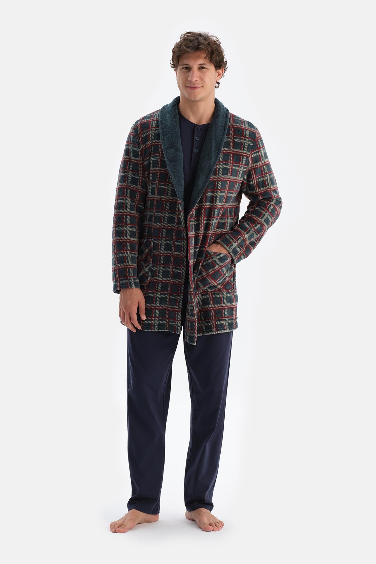 Koyu Yeşil Ekoseli Polar Sabahlık