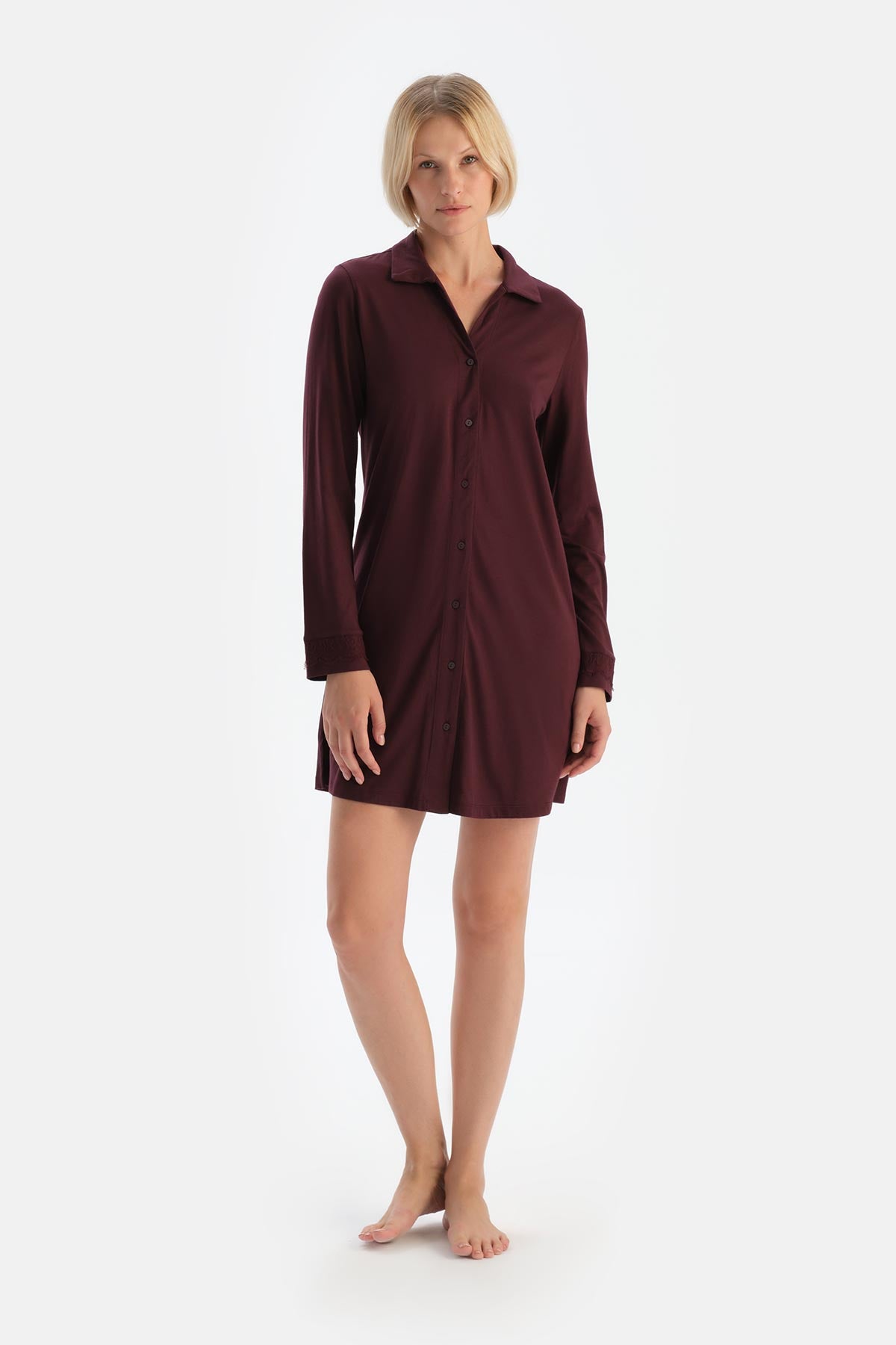 Bordeaux LACE DETAILED SHIRT COLLAR NIGHTIE