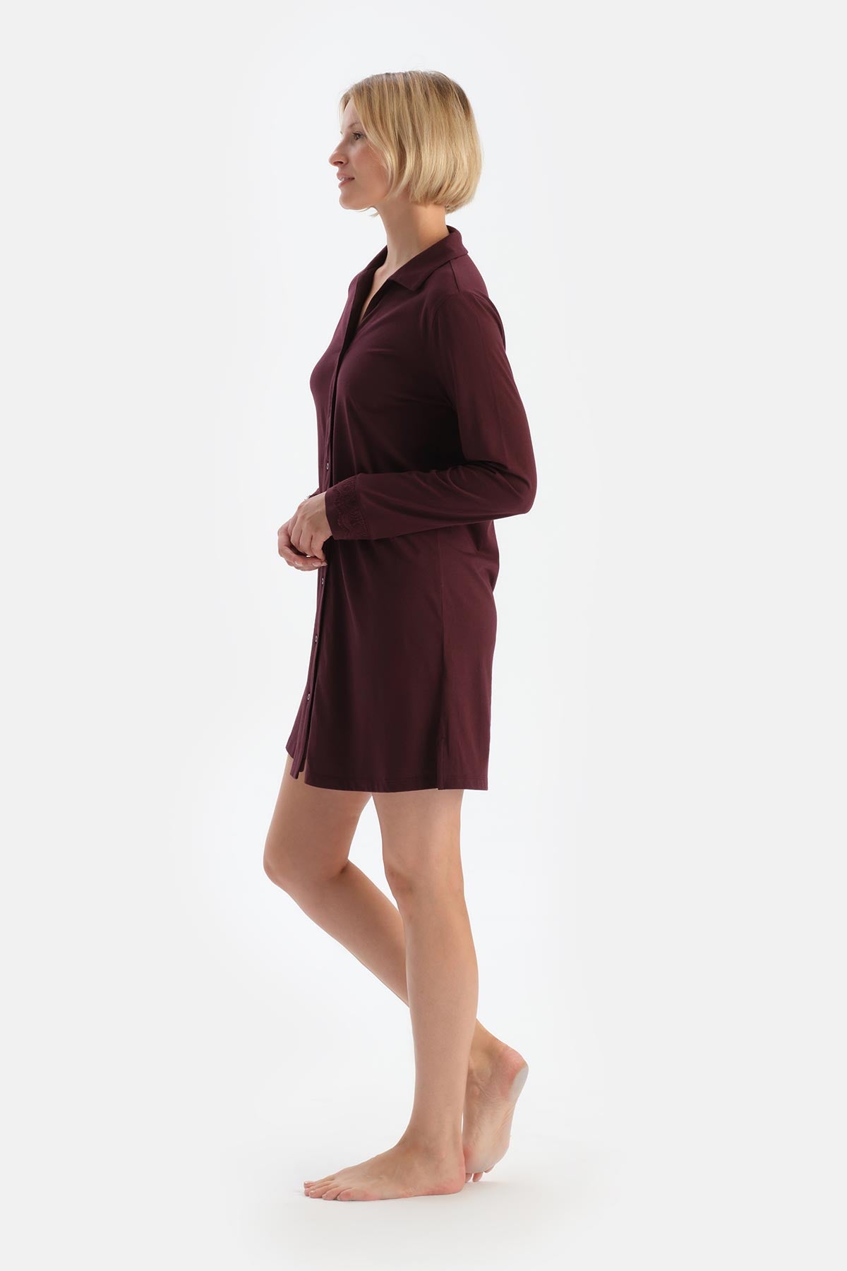 Bordeaux LACE DETAILED SHIRT COLLAR NIGHTIE