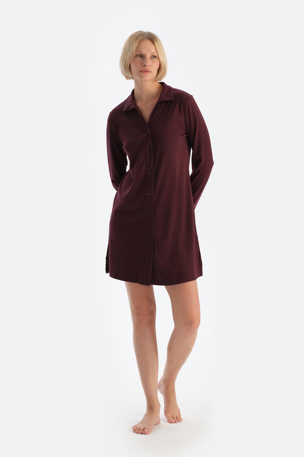 Bordeaux LACE DETAILED SHIRT COLLAR NIGHTIE