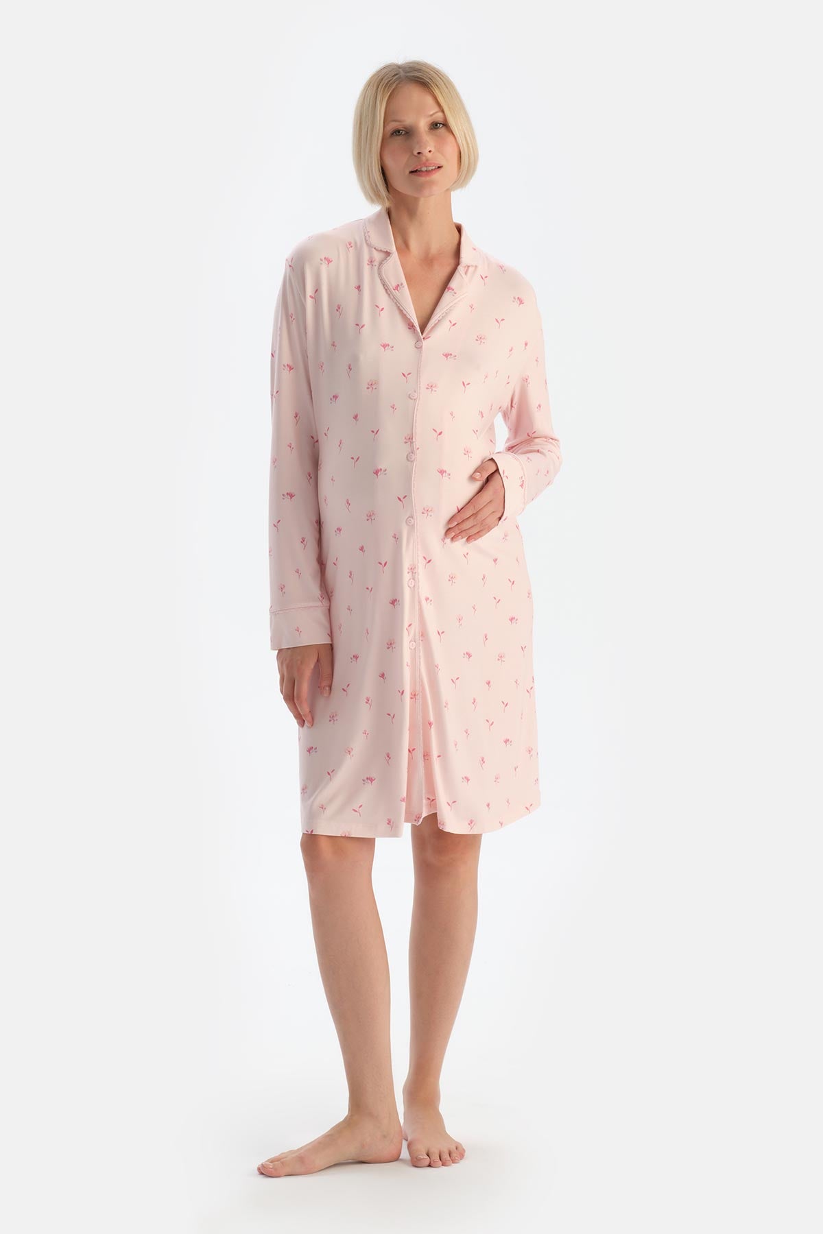 Soft Pink COMBED MODAL FLORAL PATTERNED MATERNITY NIGHTIE