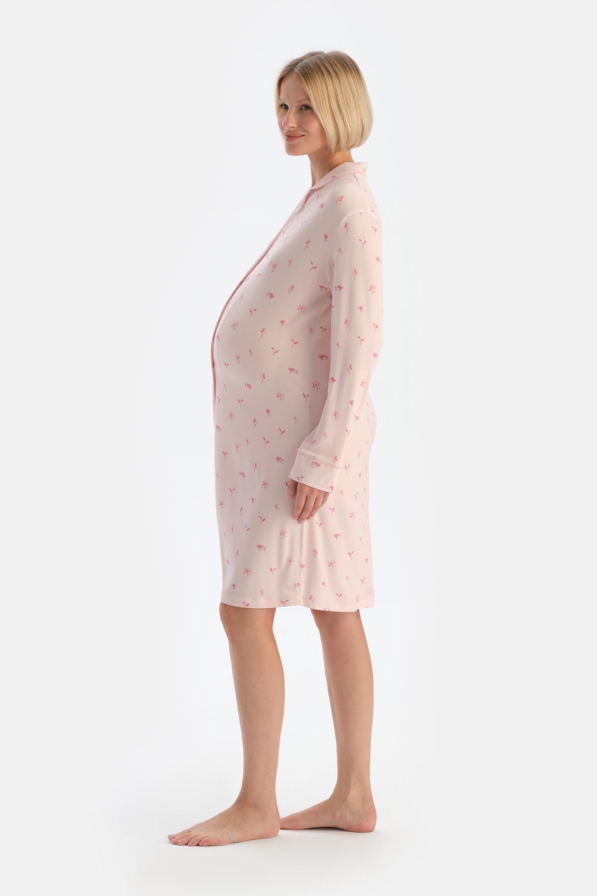 Soft Pink COMBED MODAL FLORAL PATTERNED MATERNITY NIGHTIE