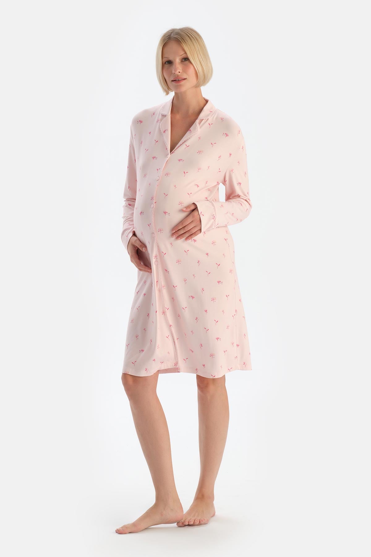 Soft Pink COMBED MODAL FLORAL PATTERNED MATERNITY NIGHTIE