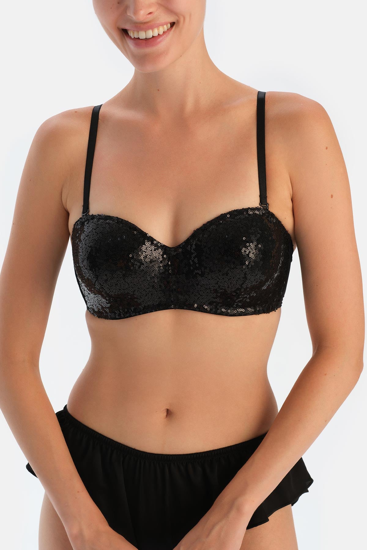 Siyah Payetli Straplez Sütyen