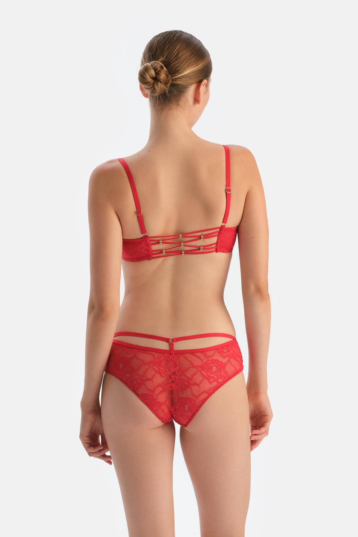 Red Front-Open Half Padded Lace Bra with Back Accessory Detail