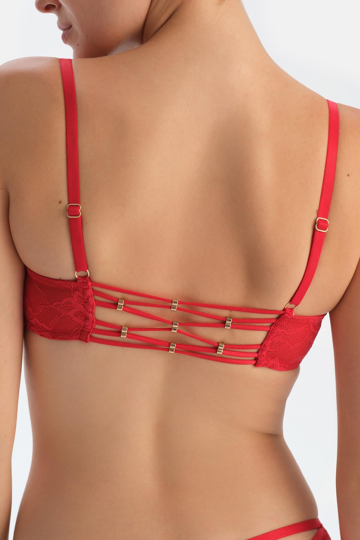 Red Front-Open Half Padded Lace Bra with Back Accessory Detail