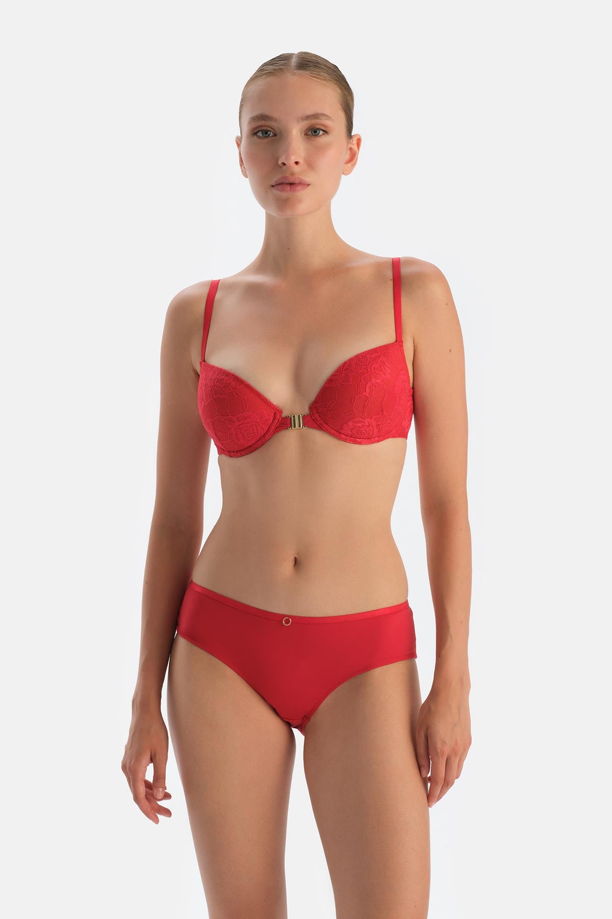Red Front-Open Half Padded Lace Bra with Back Accessory Detail