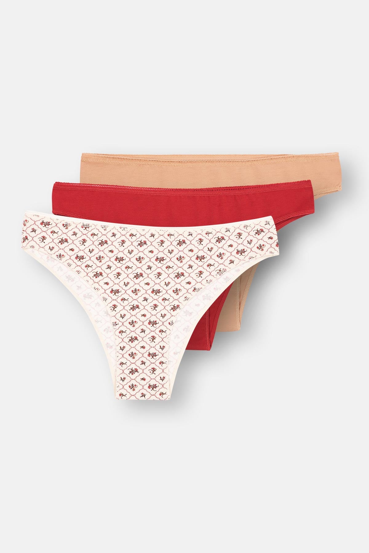 Ecru-Red-Milky Coffee 3-PACK PATTERNED BRAZILIAN PANTIES