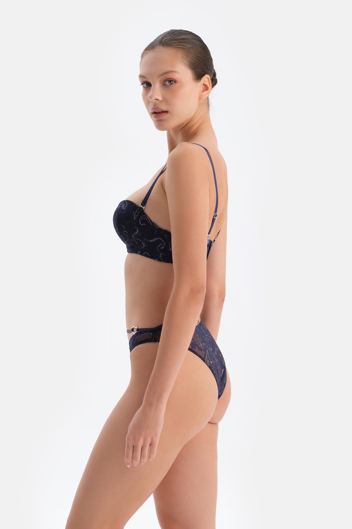 Navy Lace Brazilian Panties with Waist Detail