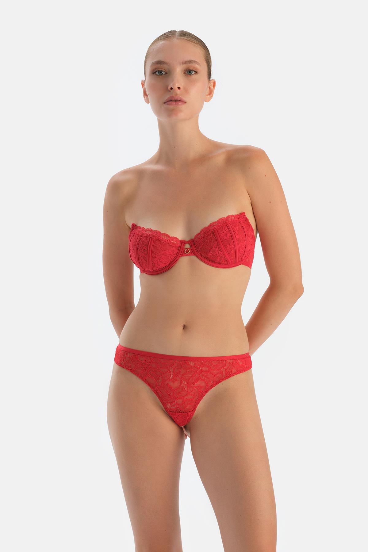 Red Lace Thong Panties with Back Accessory Detail