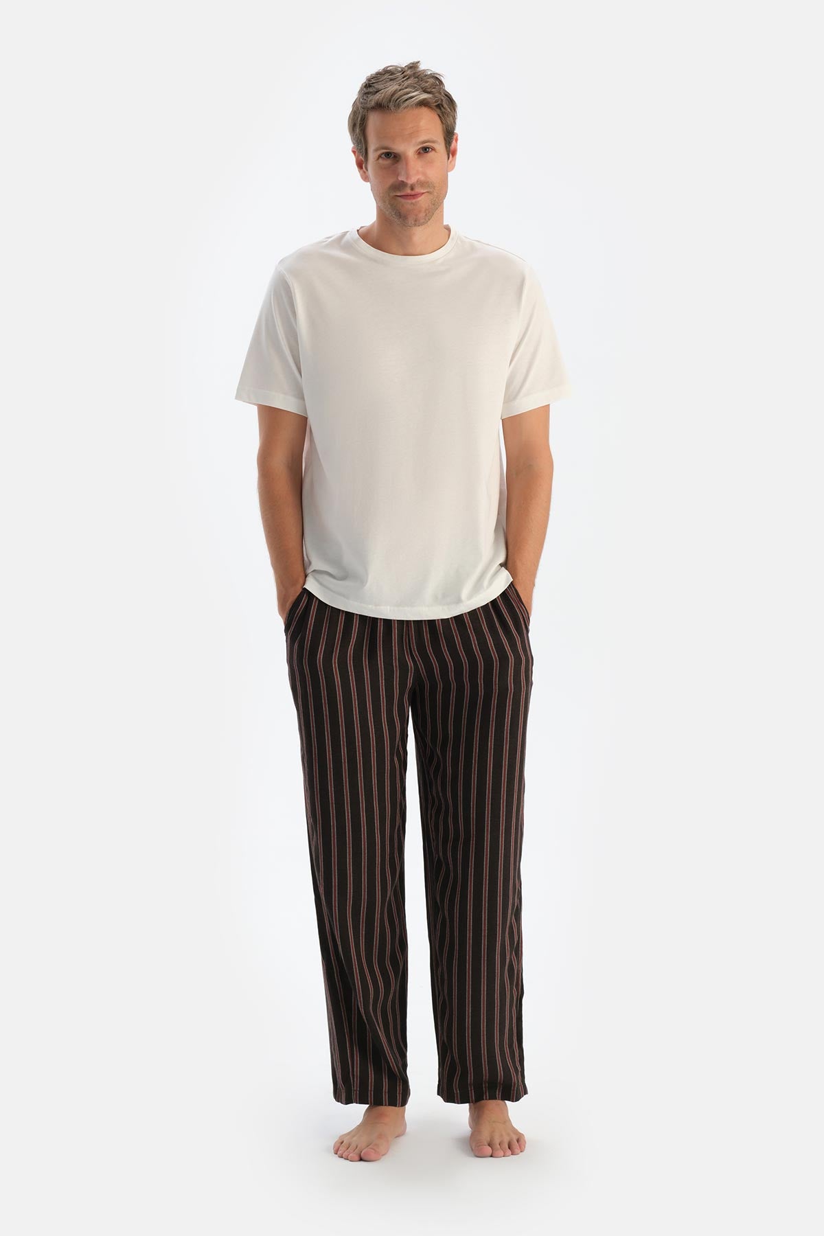 Brown STRIPED VISCOSE WOVEN TROUSERS