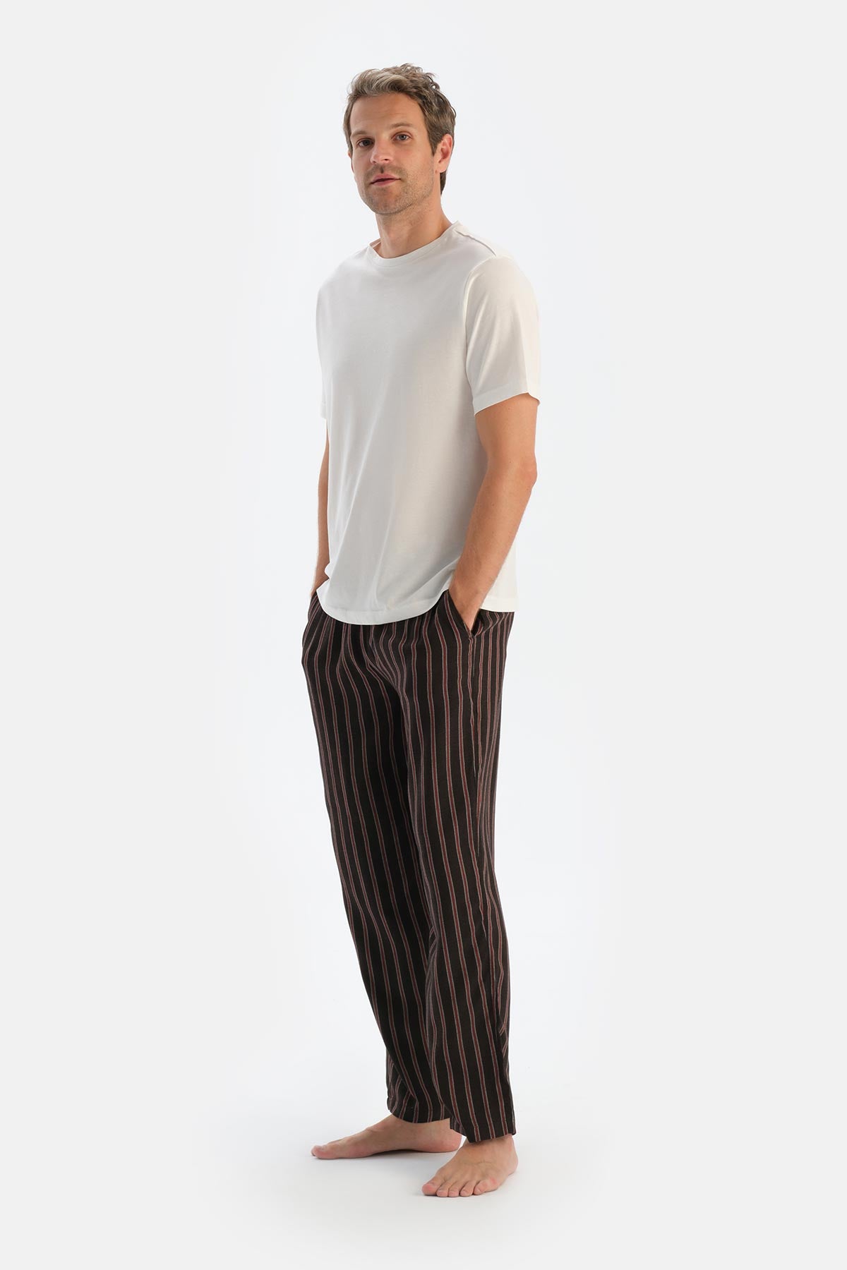 Brown STRIPED VISCOSE WOVEN TROUSERS