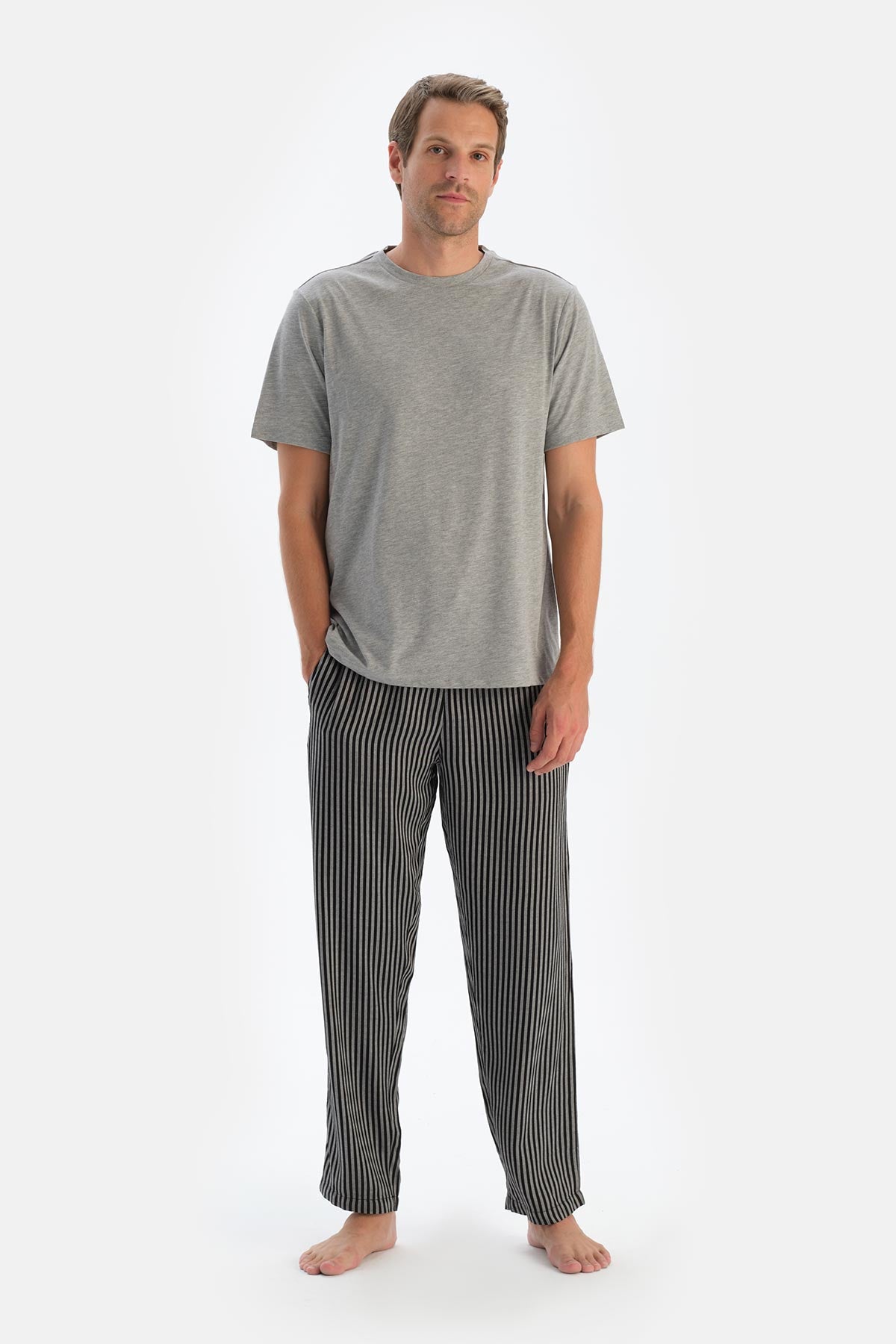 Mavi Çizgili Viskon Dokuma Pantolon