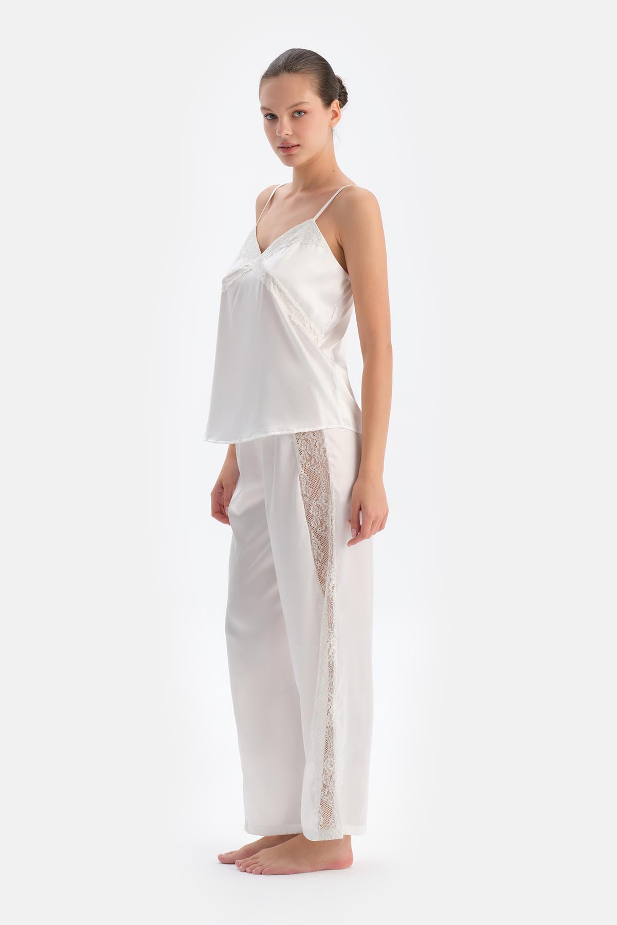 White LACE DETAILED SATIN BRIDE TROUSERS