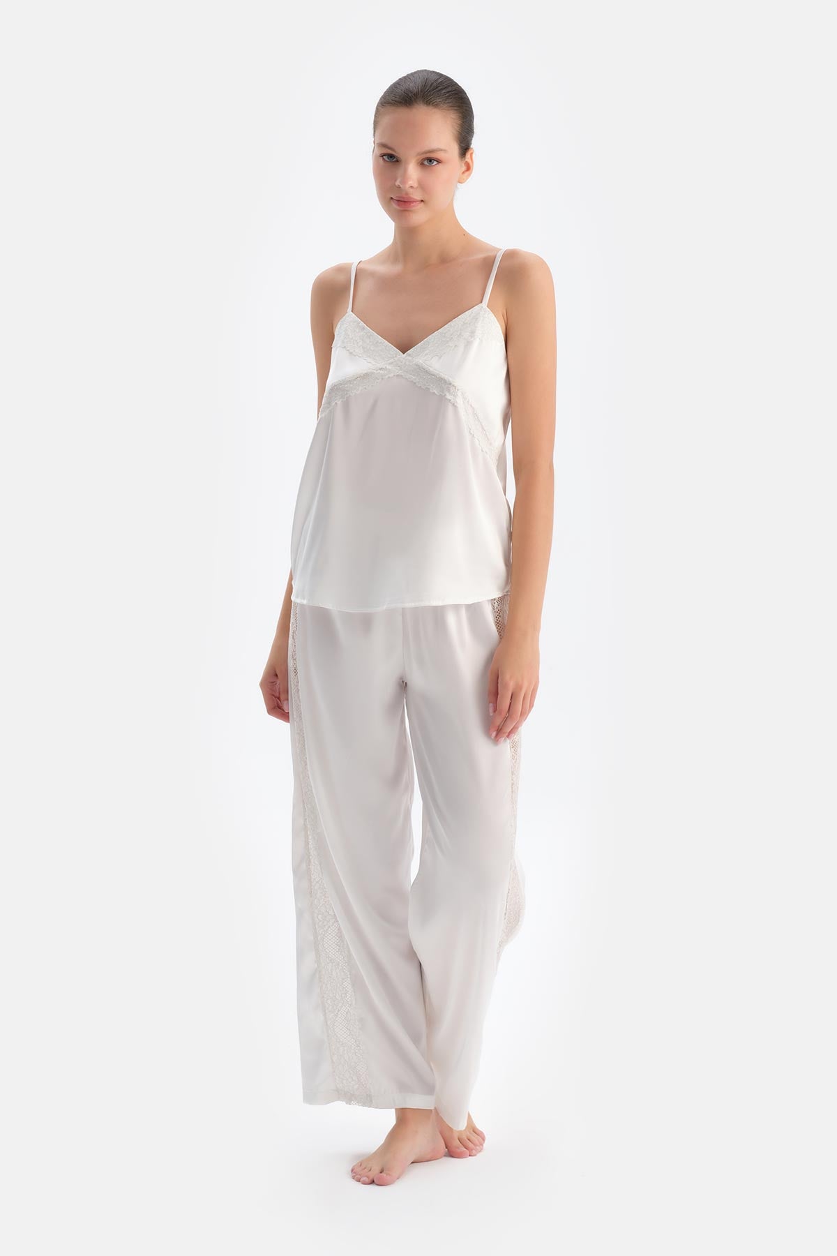 White LACE DETAILED SATIN BRIDE TROUSERS