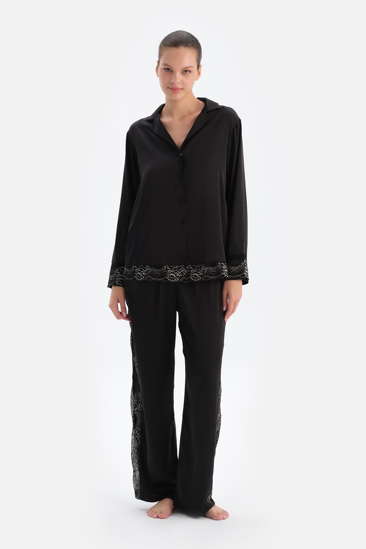 Black LACE DETAILED SATIN BRIDE TROUSERS