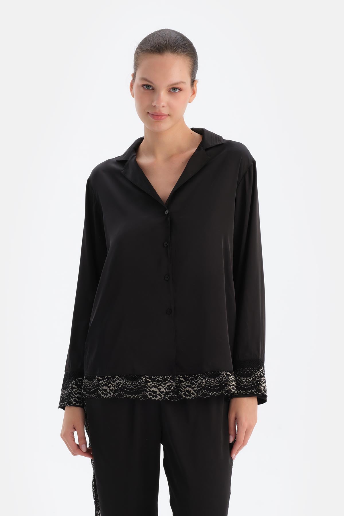 Black SATIN BRIDE SHIRT WITH LACE DETAIL