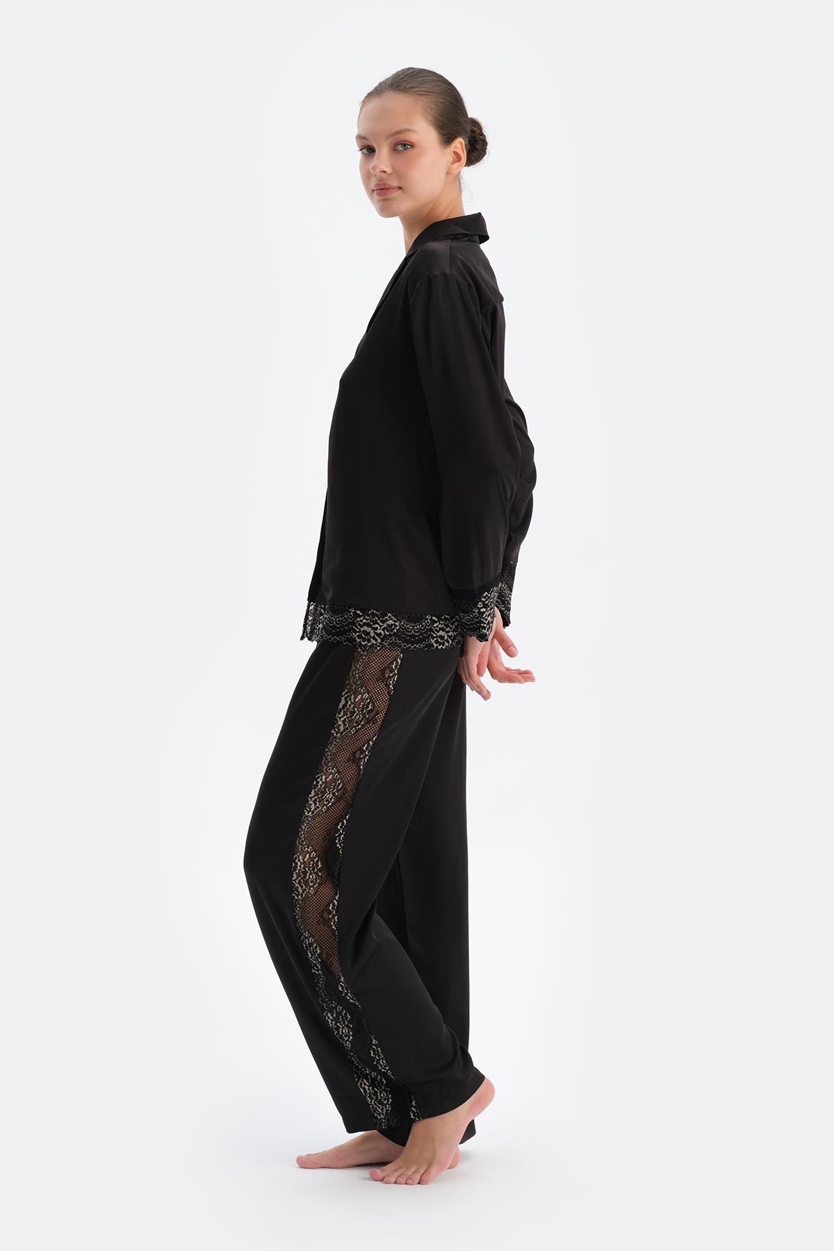 Black SATIN BRIDE SHIRT WITH LACE DETAIL