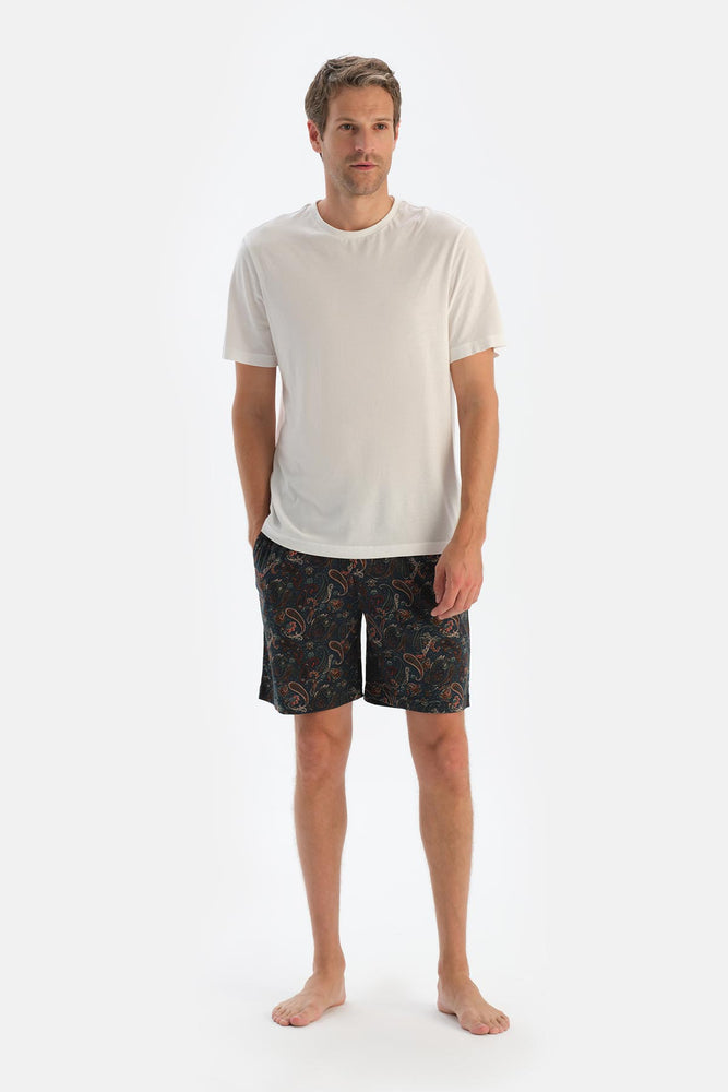 Ecru CREW NECK SHORT SLEEVE T-SHIRT PAJAMA SET WITH PATTERNED SHORTS