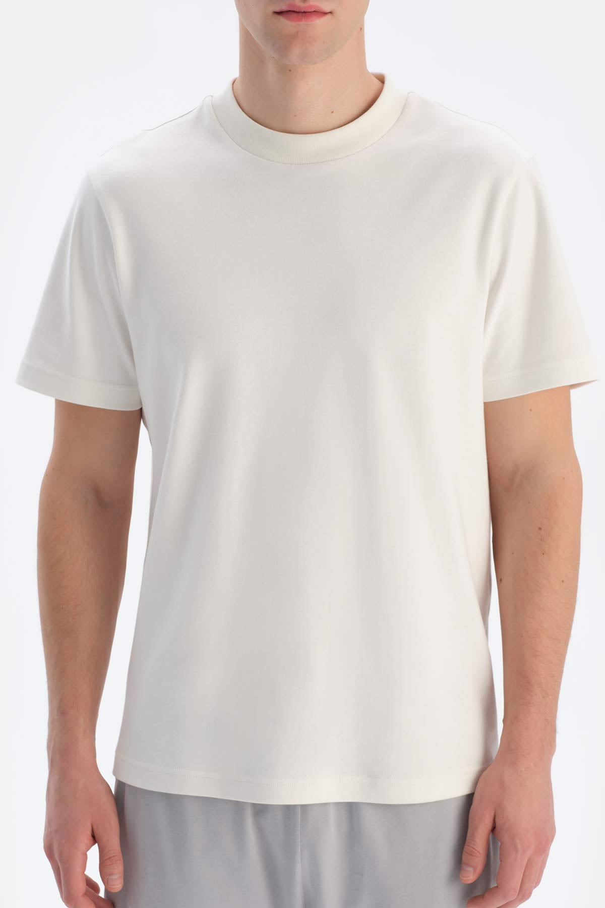 Beyaz Ipek Apre Interlok Bisiklet Yaka Tişört