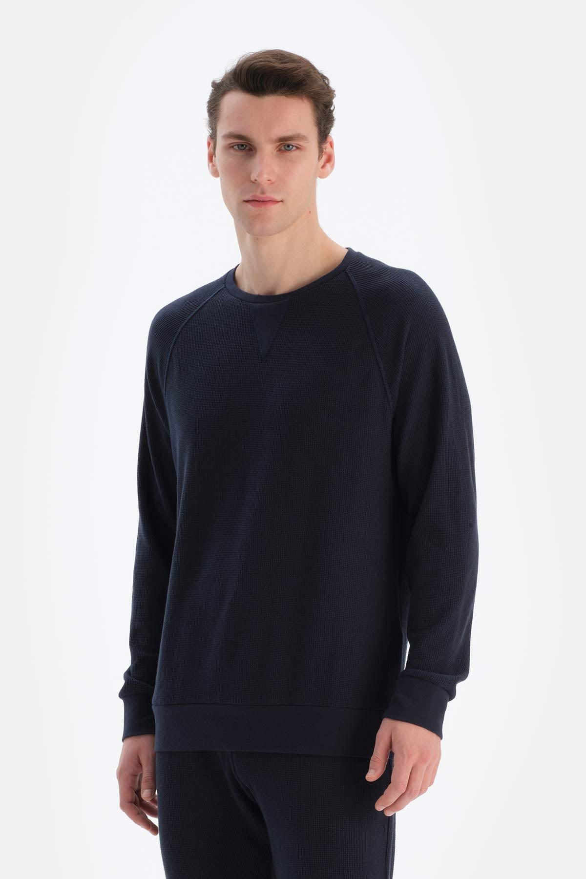 Lacivert Bisiklet Yaka Uzun Kollu Waffle Sweatshırt