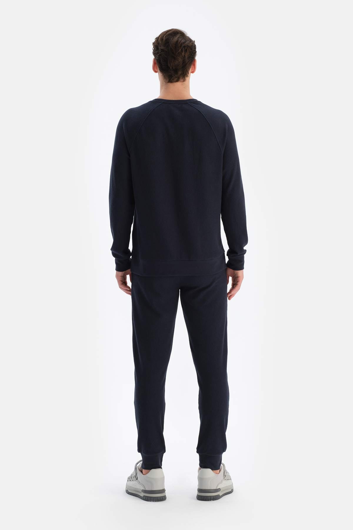 Lacivert Bisiklet Yaka Uzun Kollu Waffle Sweatshırt