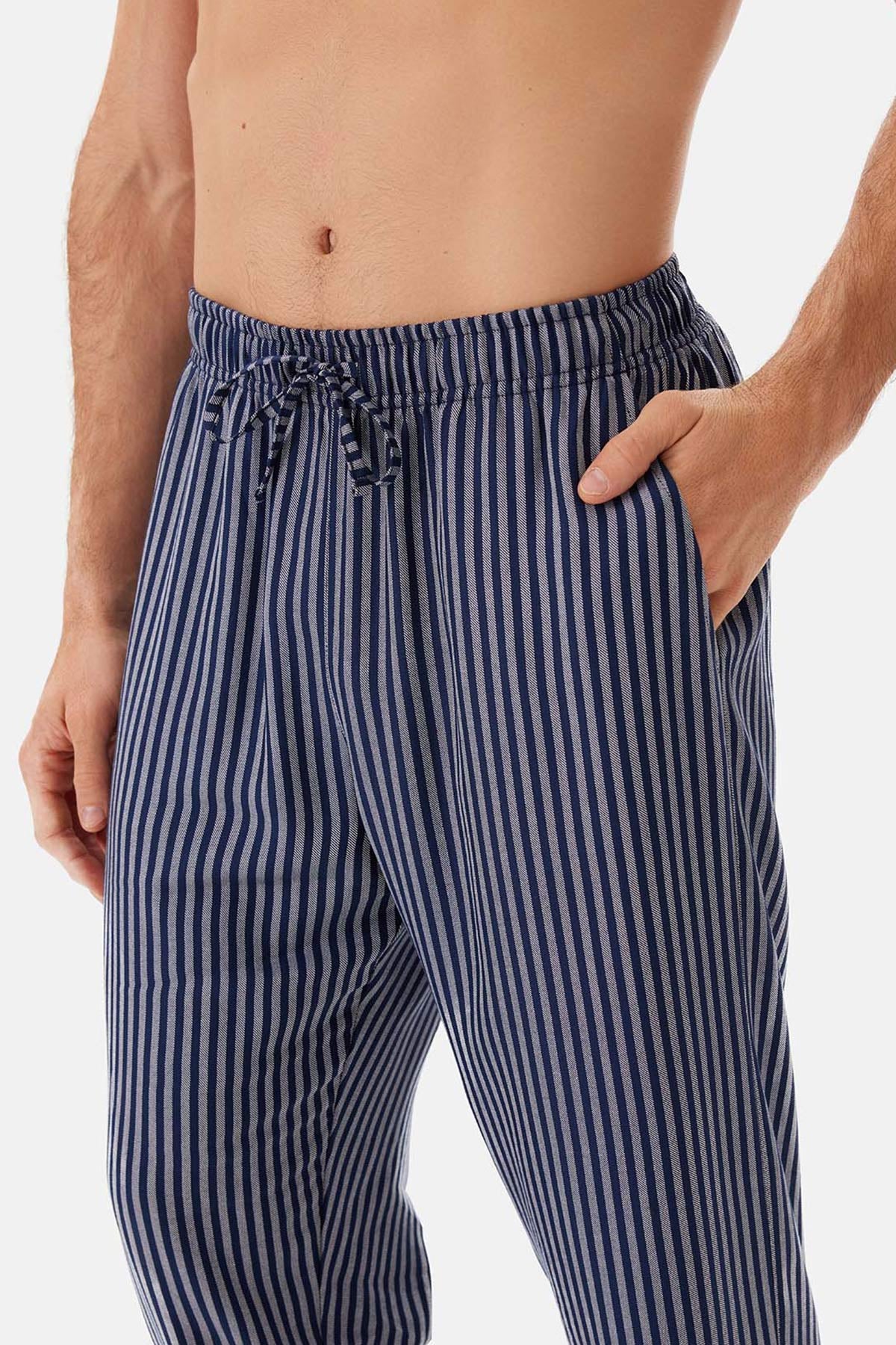 Navy WOVEN STRIPED TROUSERS